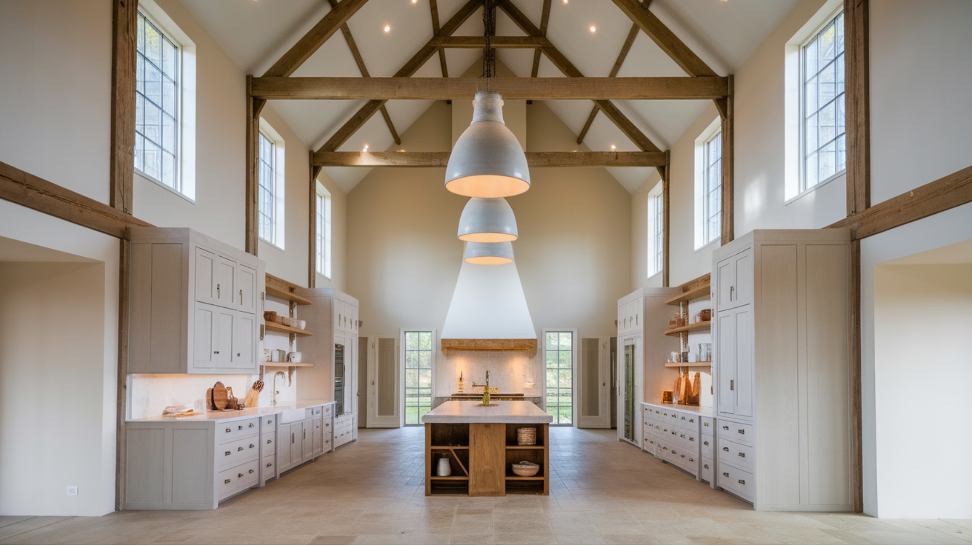 high ceiling kitchen with oversized lighting fixtures