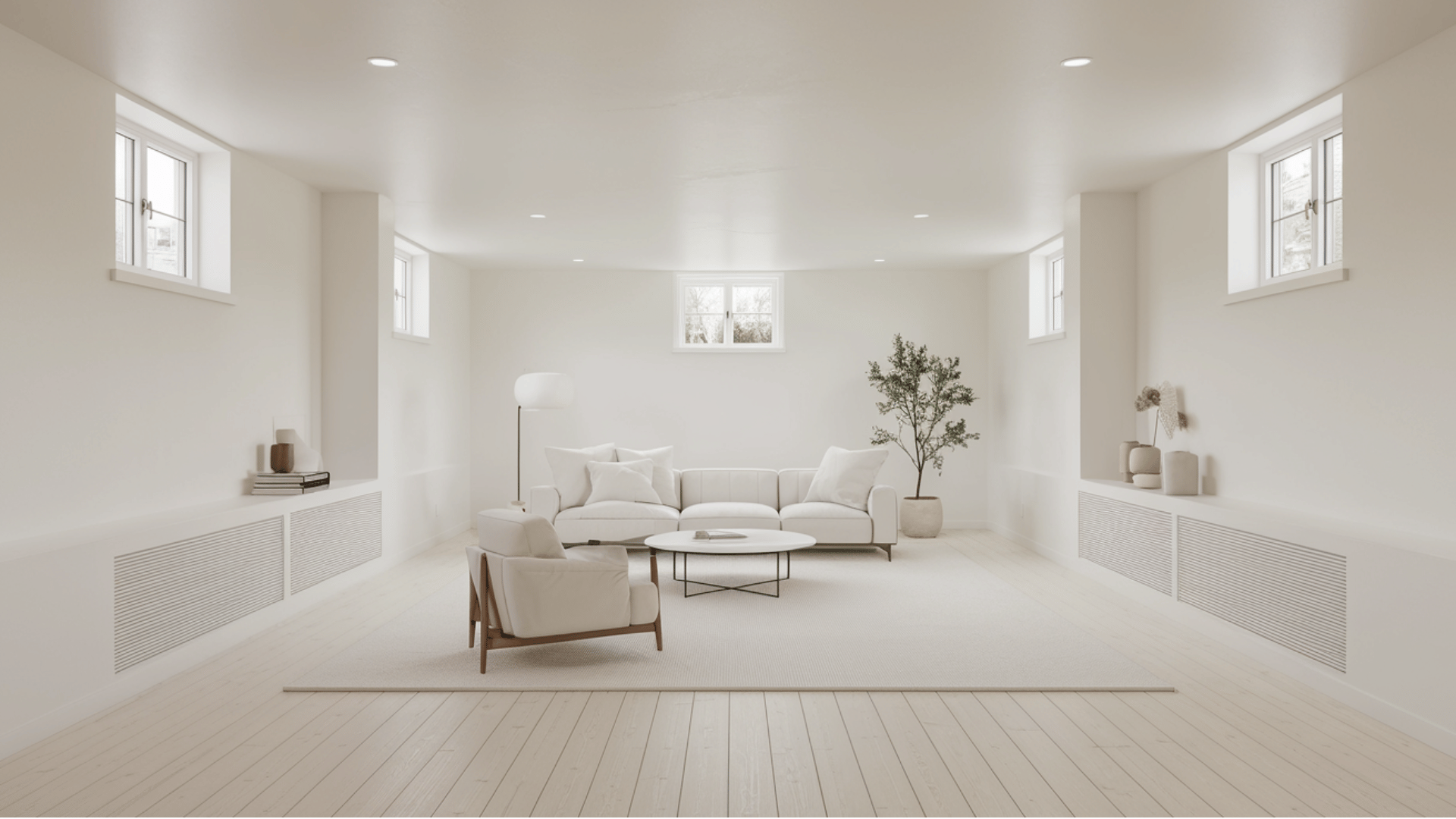 minimalist white basement