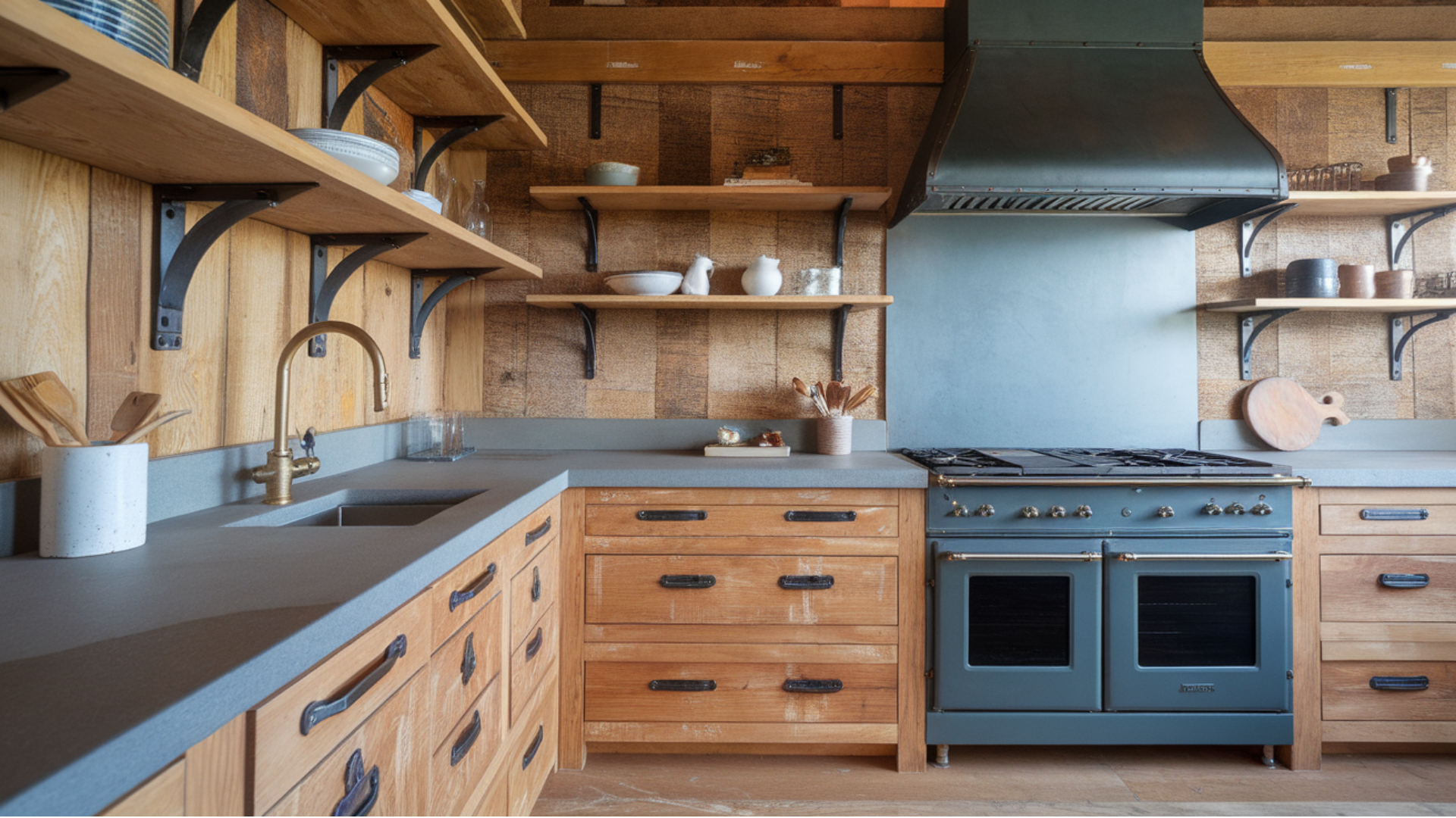 mixed material kitchen blending wood, stone, and metal