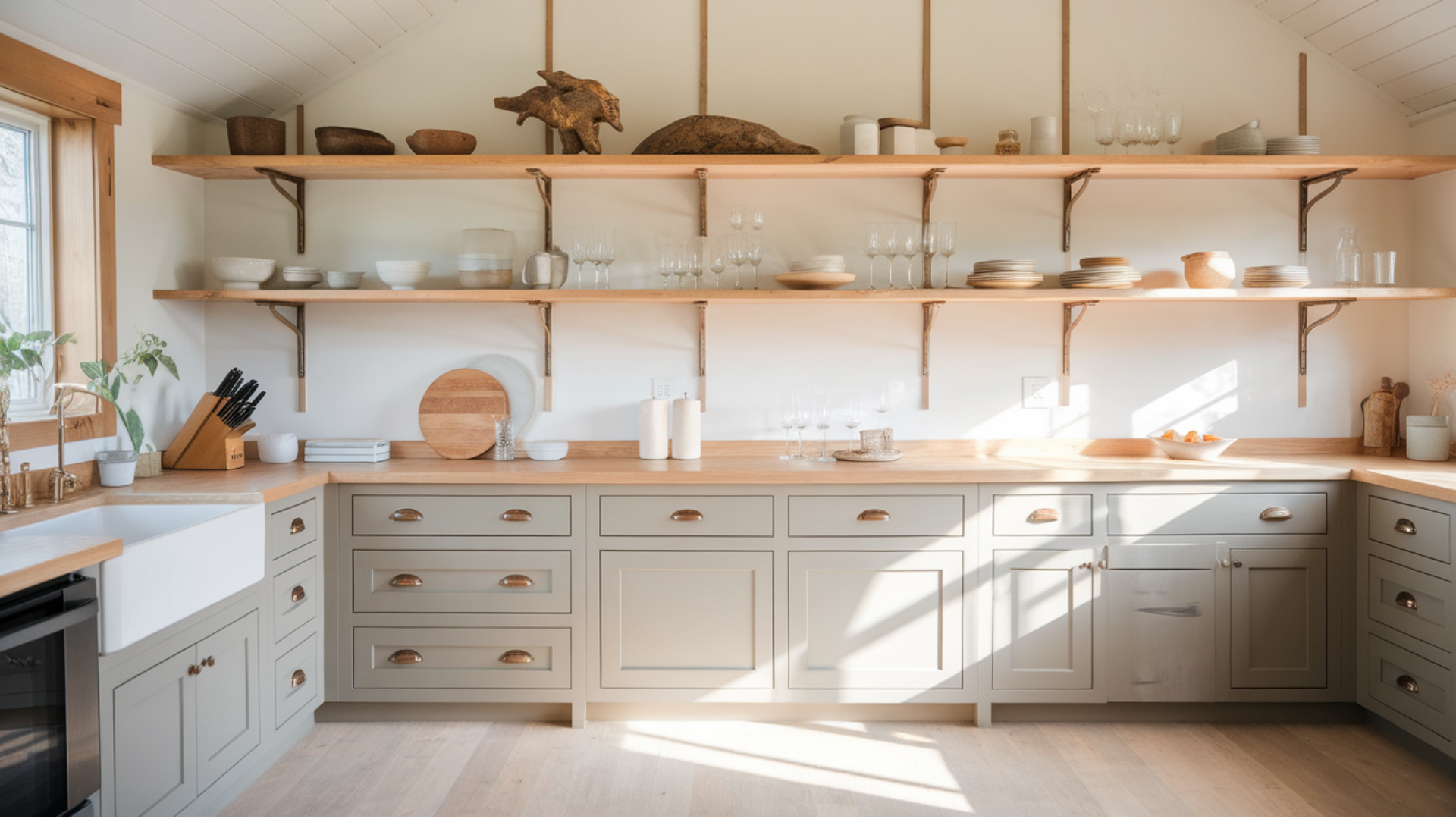 open shelving for airy and accessible storage