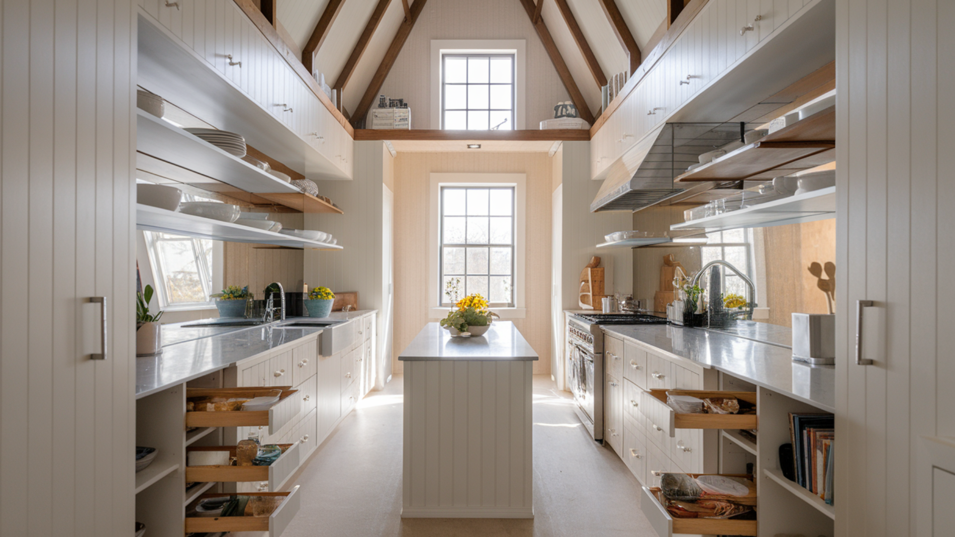 small barndominium kitchen with smart space use