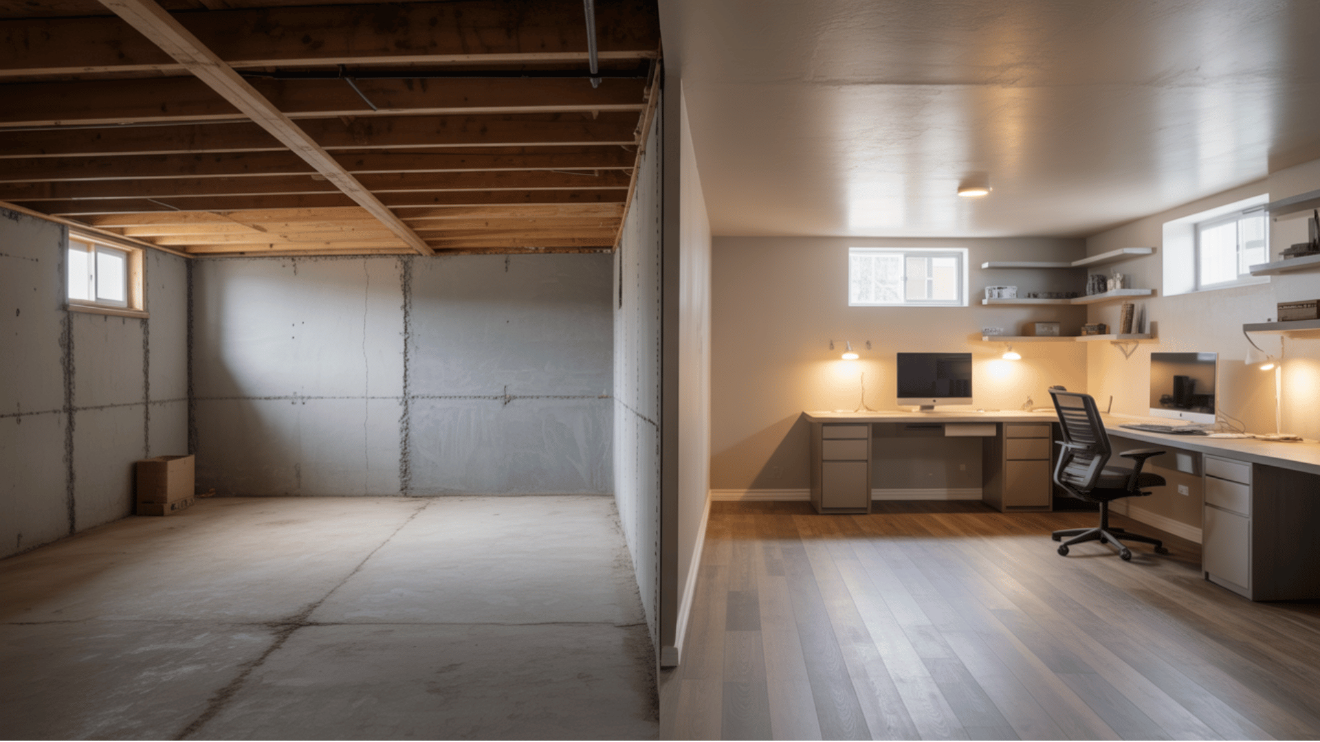 unfinished basement turned home office