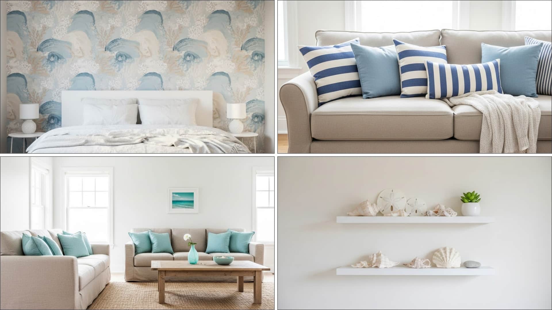 collage of coastal rooms with ocean wallpaper, striped pillows, and pale blue decor
