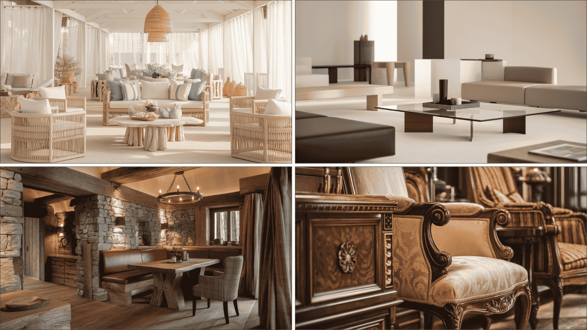 collage showing coastal, modern, rustic, and traditional furniture styles