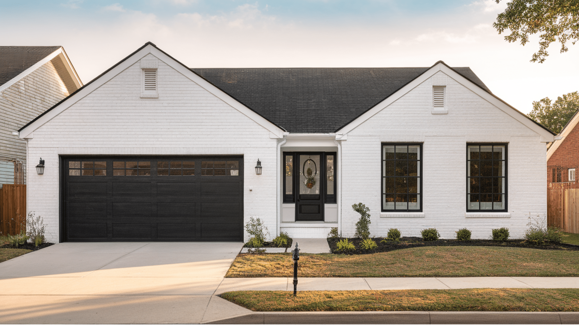 white brick exterior With a black garage door