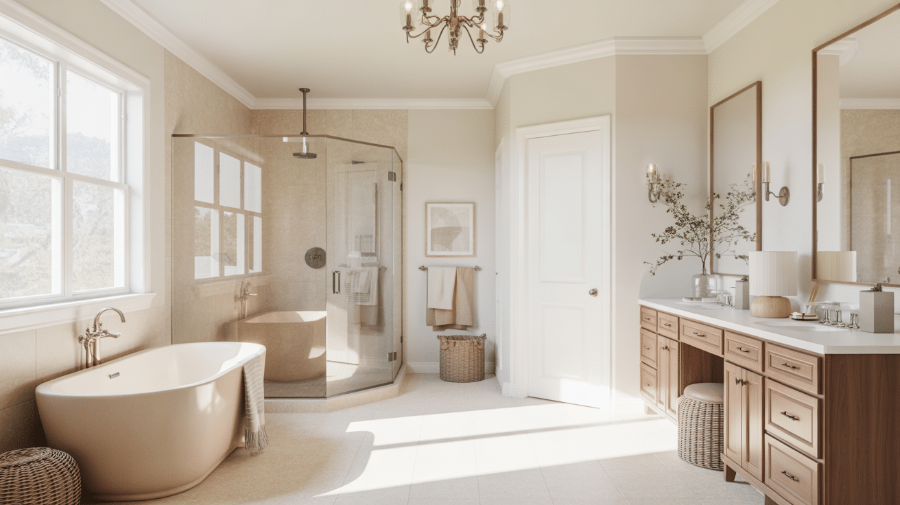 sunlit master bathroom with a freestanding tub, double vanity, shower, and chandelier