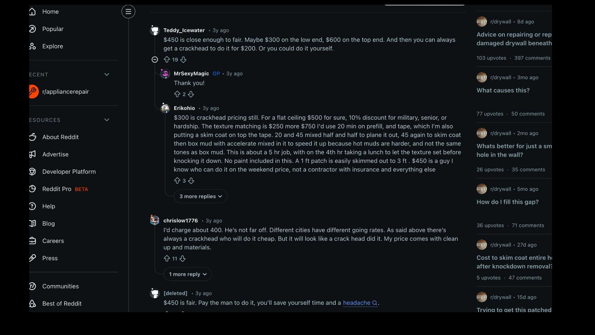 A screenshot of a Reddit comment thread discussing repair costs, featuring a dark mode interface with several user replies