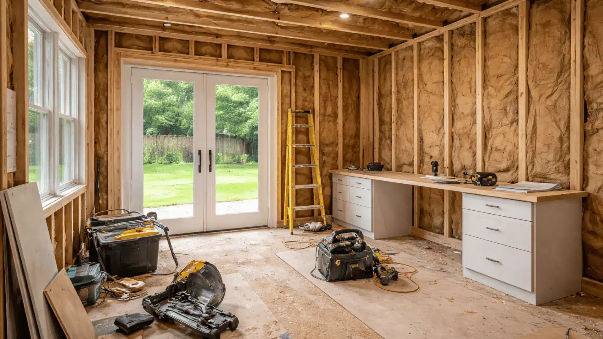 Home office addition under construction with exposed framing insulation, ladder and tools