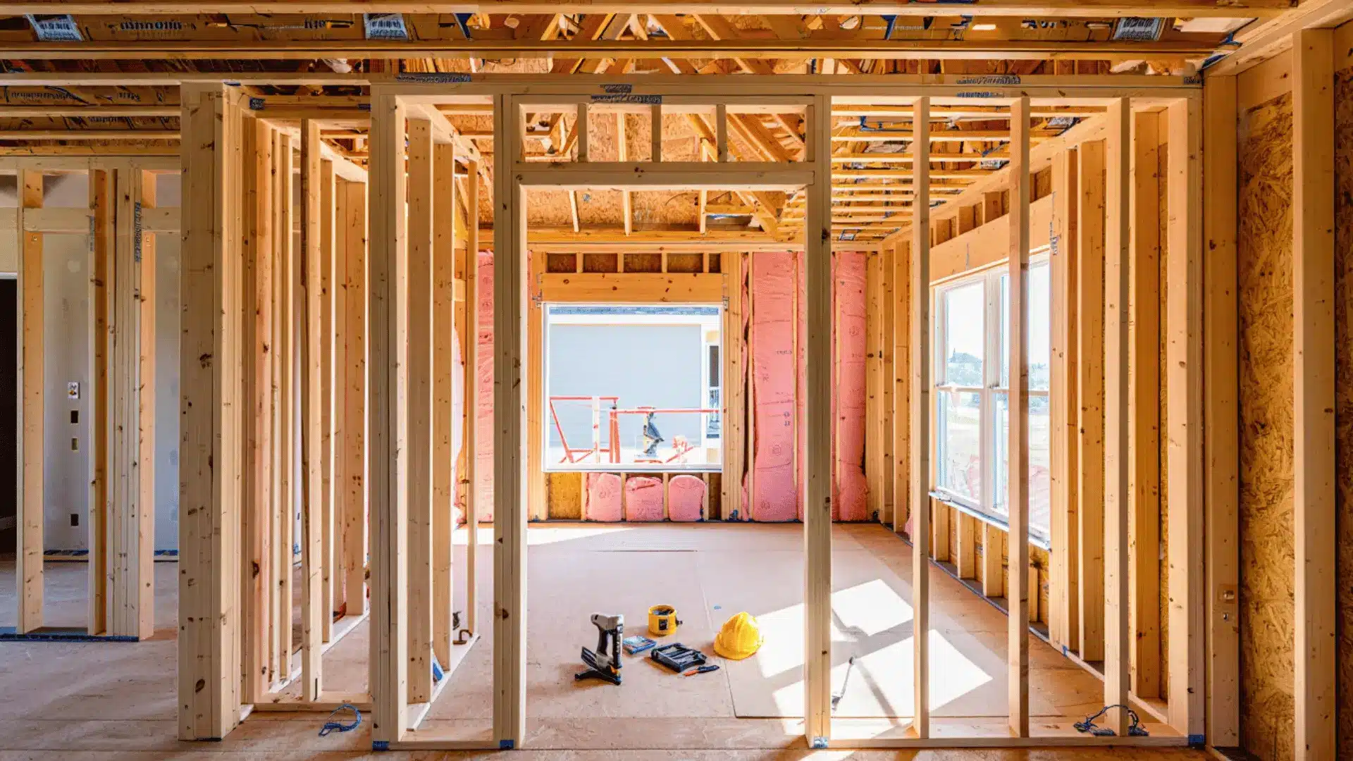 Interior of bedroom addition under construction showing wooden framing in a mid room addition