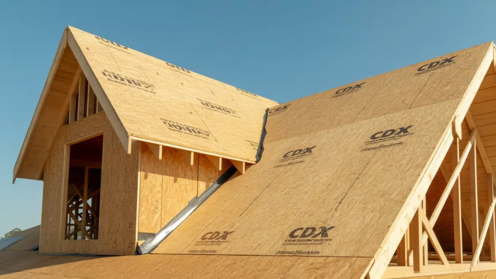 New home under construction with CDX plywood roof sheathing installed over wooden rafters under clear sky