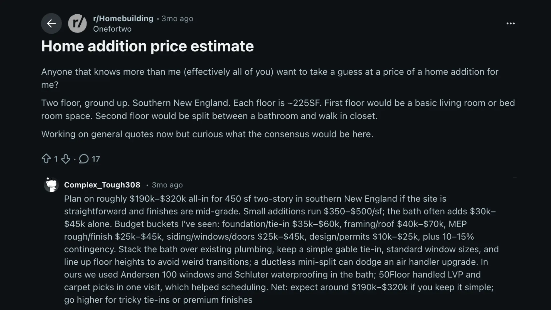 Screenshot of a Reddit thread of home owners discussing price of room addition based on their personal experiences
