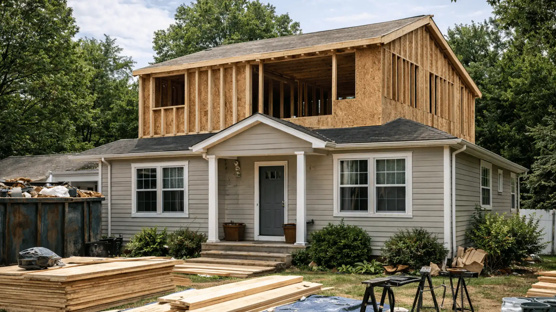 Second story addition under construction with exposed framing plywood walls