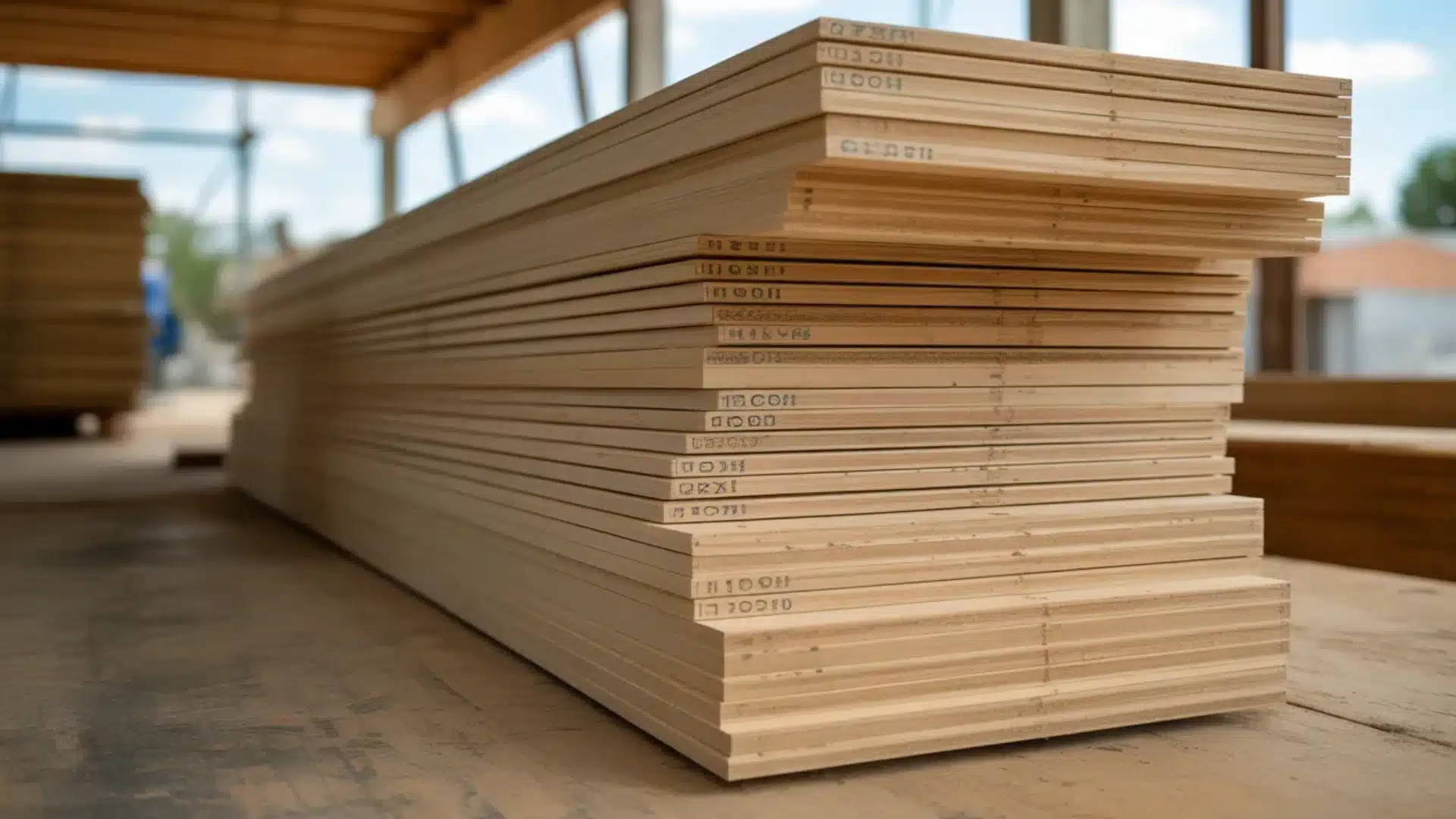 Stack of plywood sheets labeled CDX and other grades neatly piled on construction site floor indoors