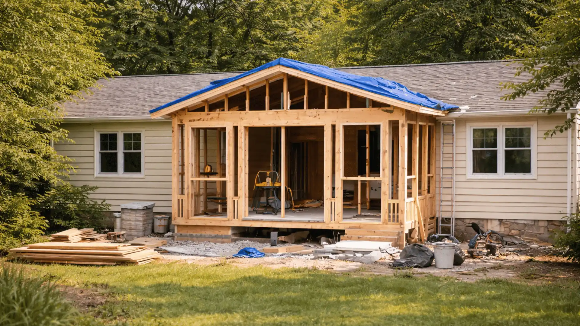Sunroom addition under construction with exposed wood framing, blue roof covering, tools, and materials in backyard