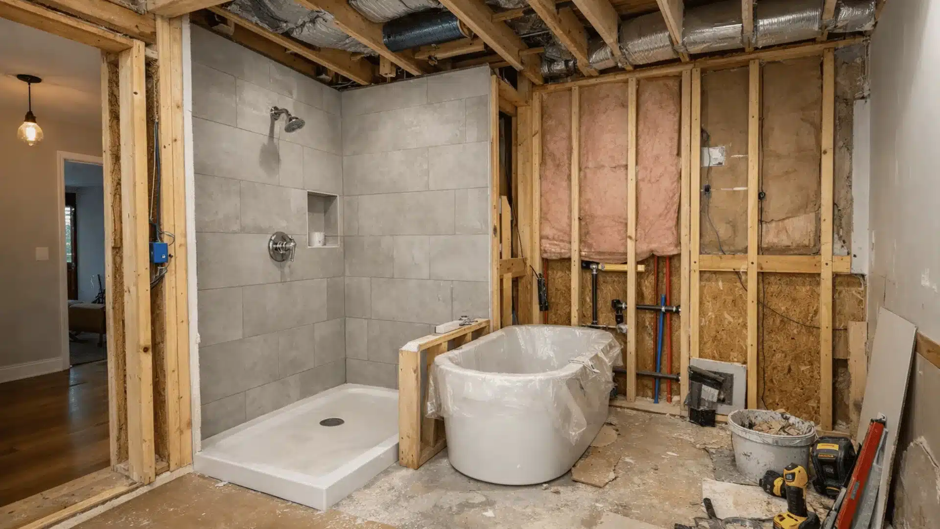 Under construction bathroom with shower and a tub in room addition process