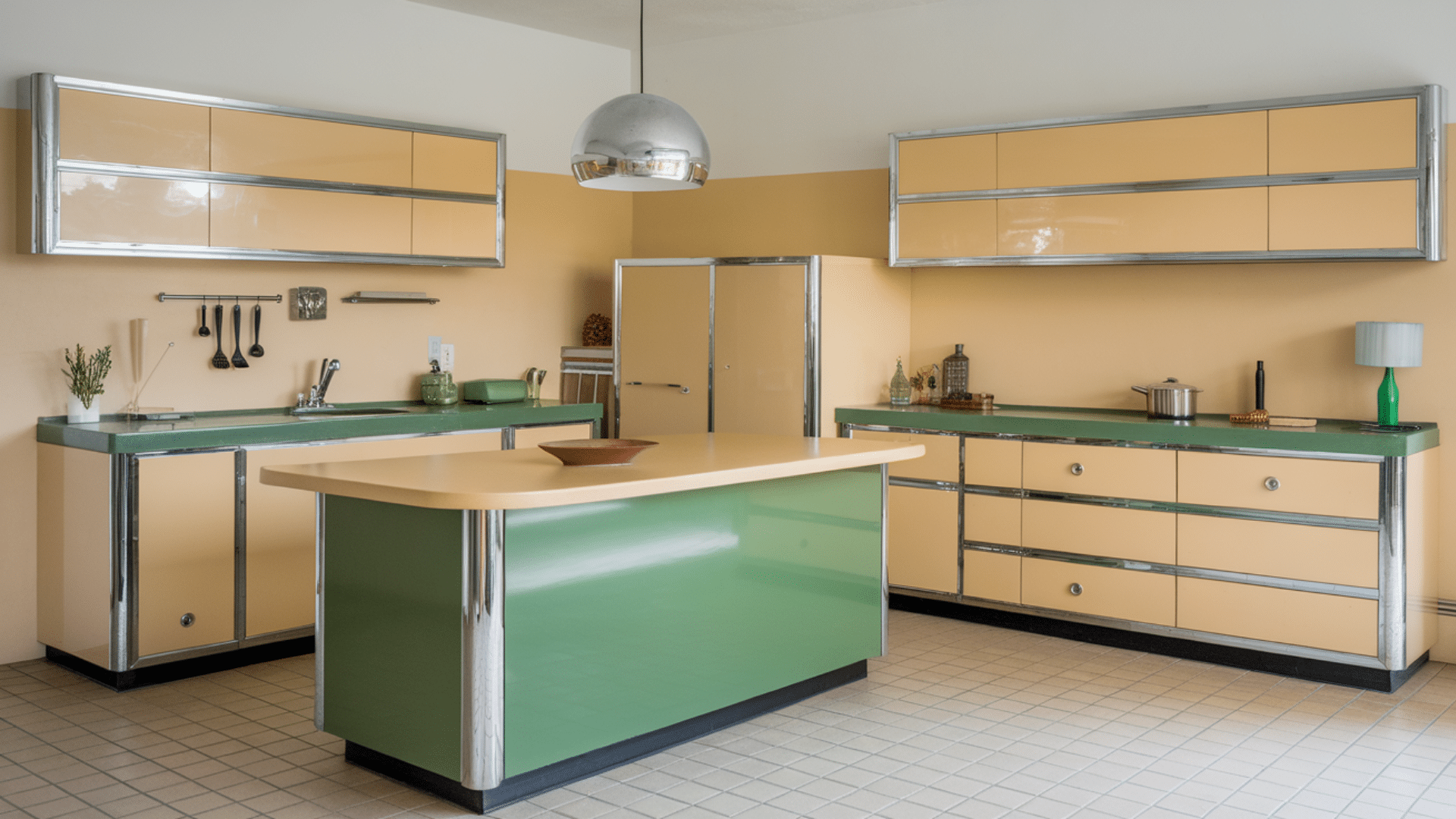 chrome trim on cabinets and tables