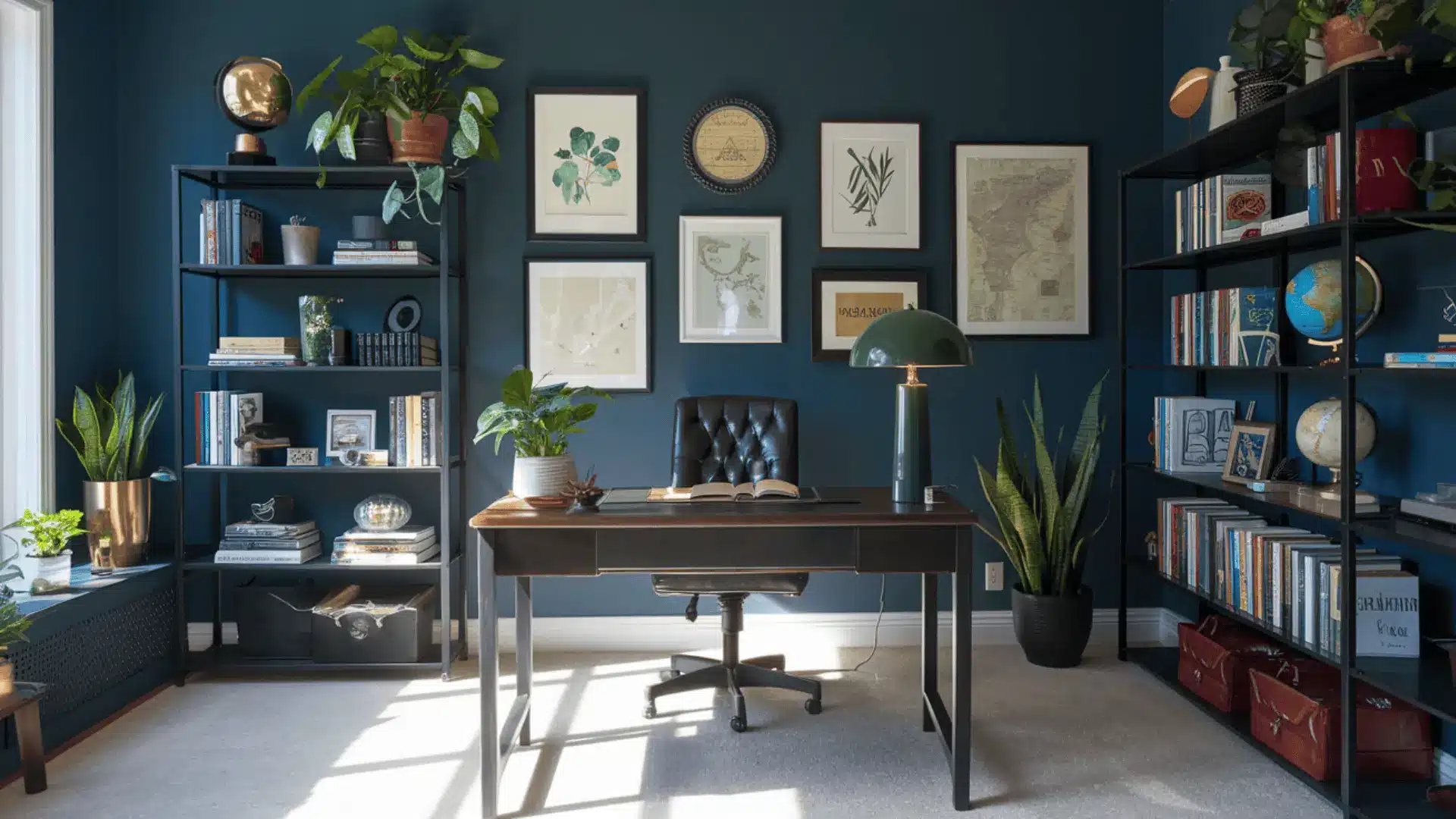 A cozy home office with blue walls and shelves displaying books and personal items for a productive workspace