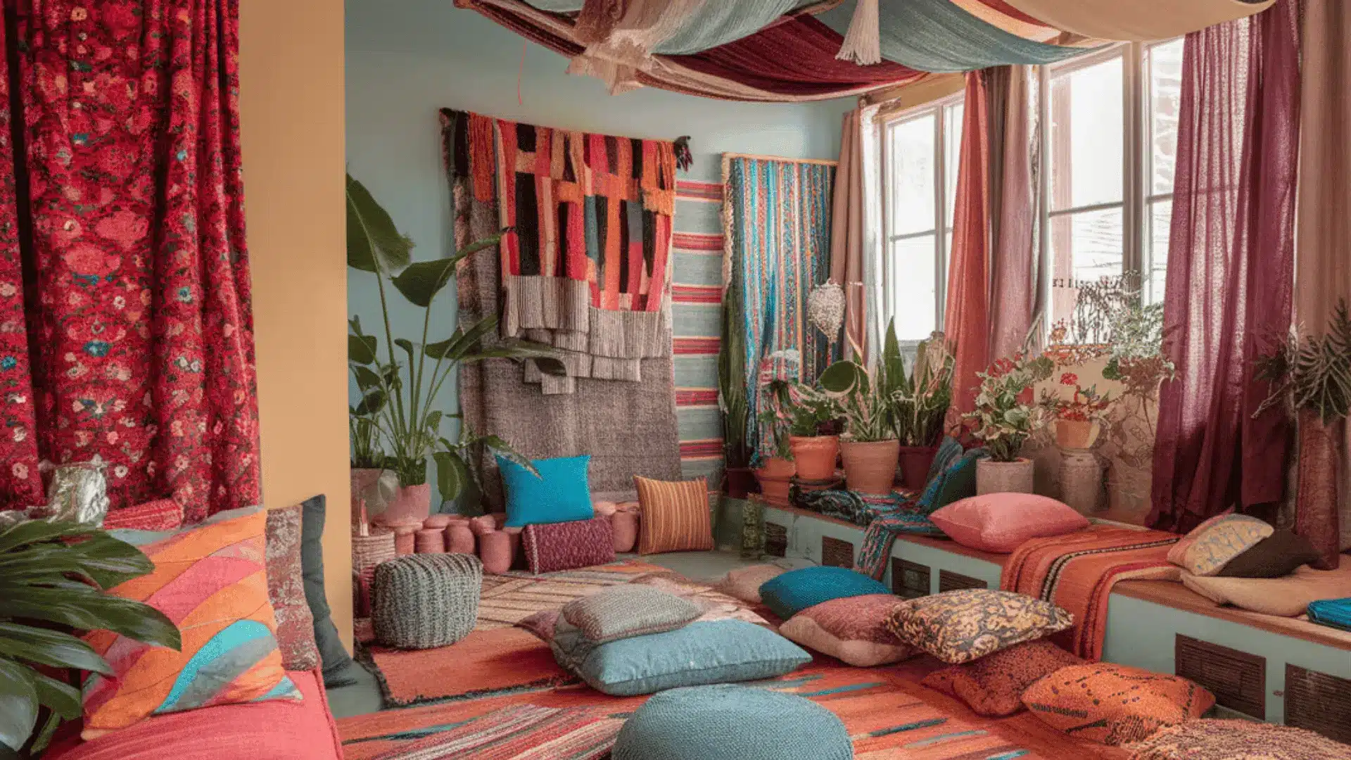 A lively room adorned with an array of colorful pillows and curtains, enhancing its cheerful and welcoming ambiance