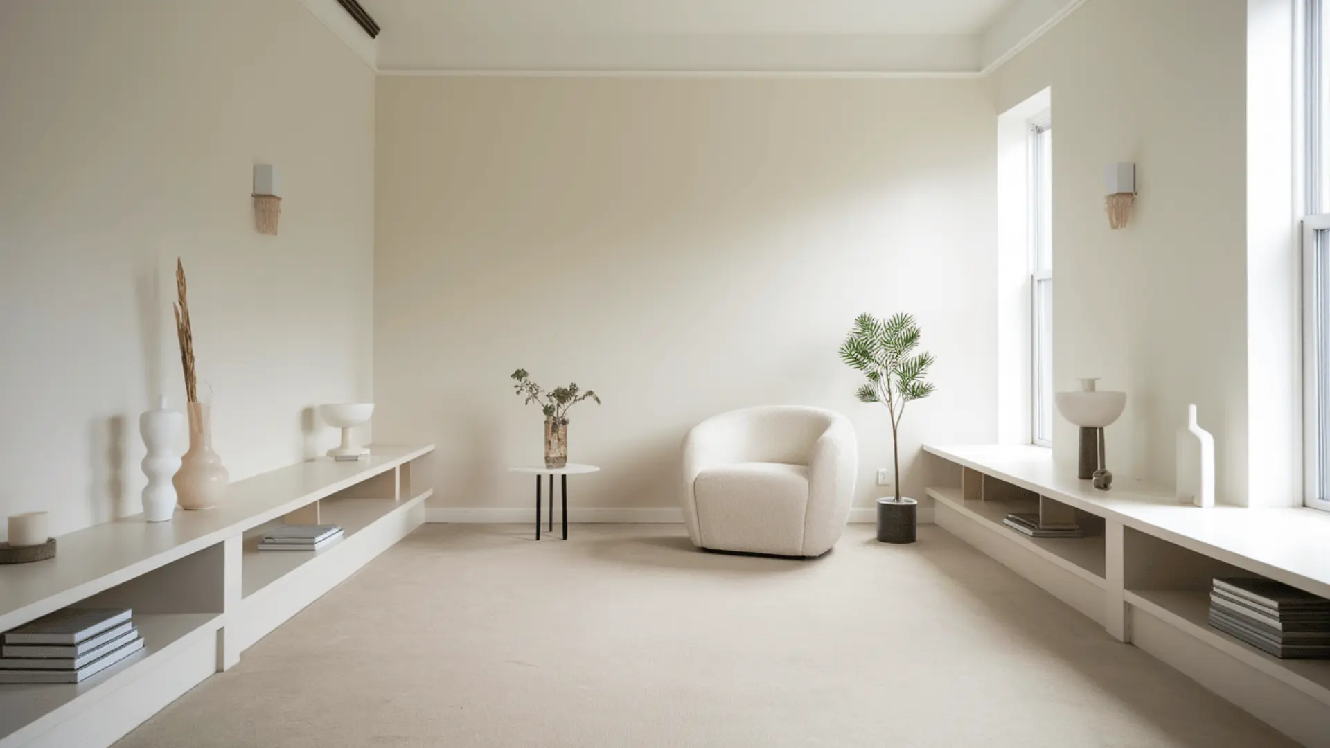 A minimalist white room with a chair and bookshelves, creating a serene reading space
