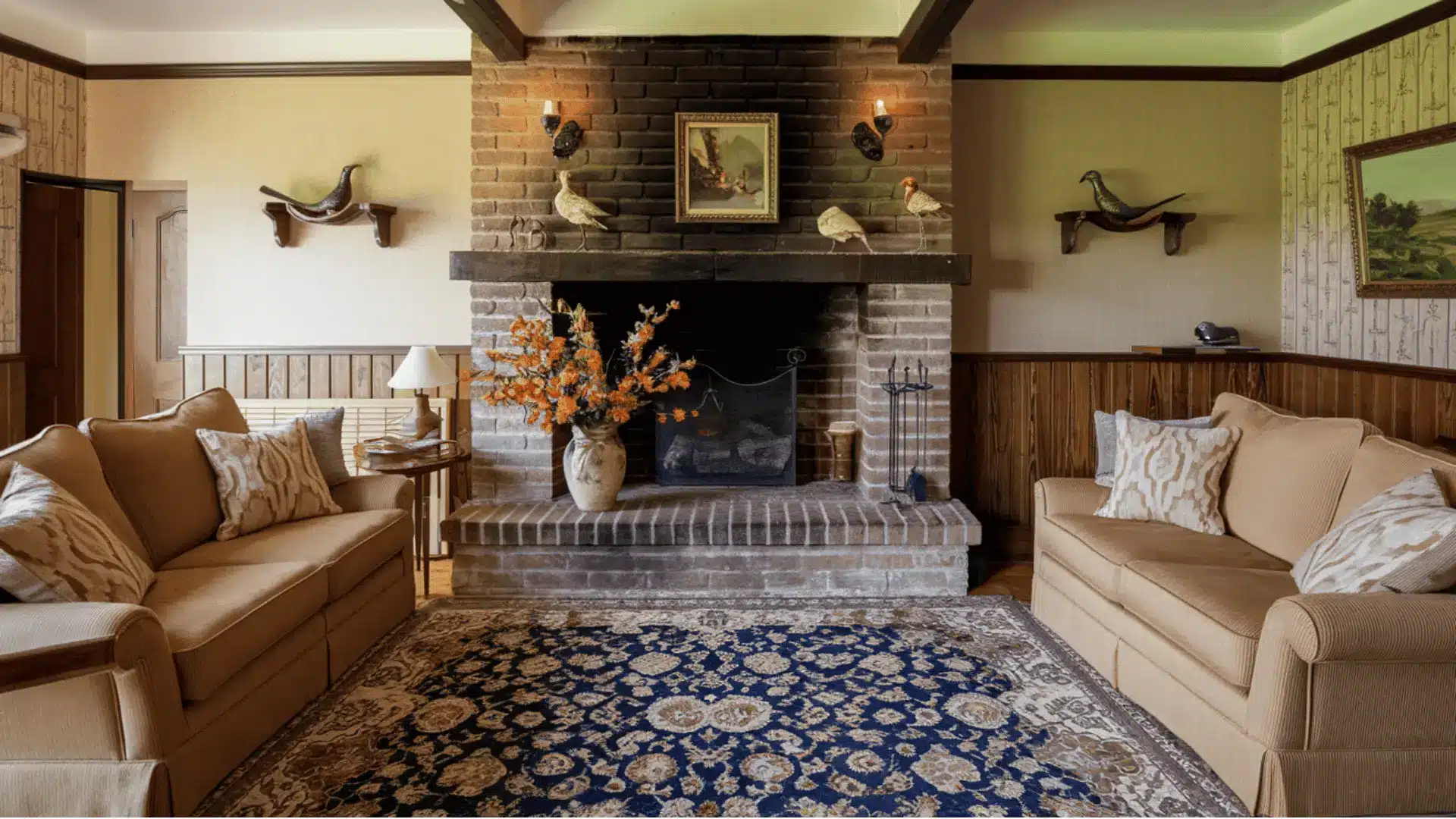 A modern living room showcasing a fireplace, complemented by elegant furnishings and a serene ambiance.