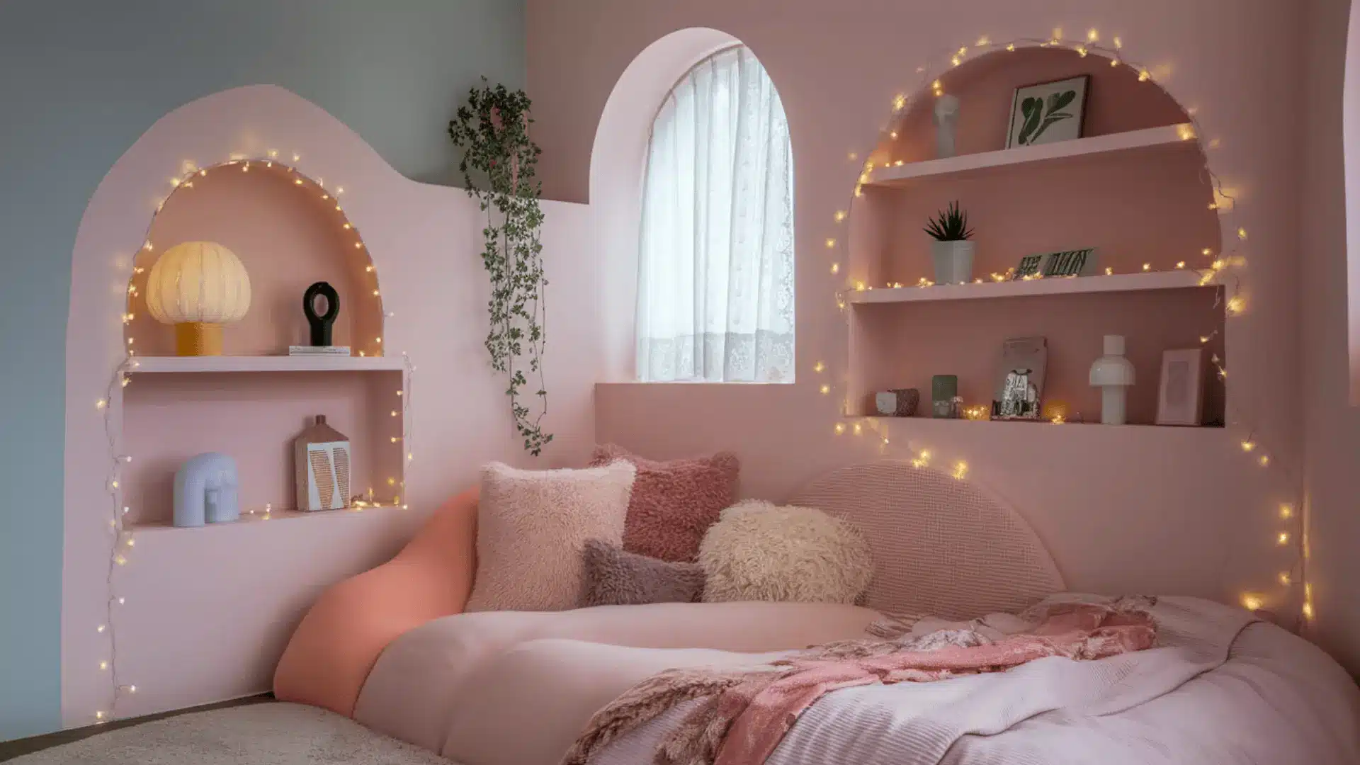 A pink bedroom featuring pink walls and a matching pink bed, creating a cohesive and vibrant color scheme