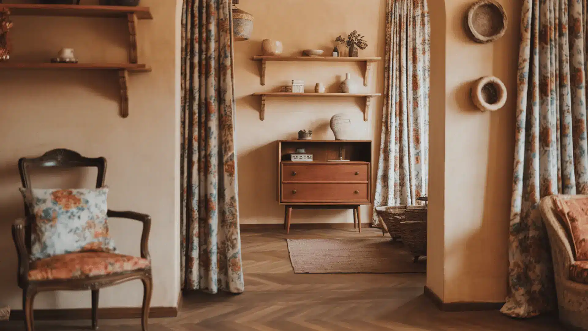 A room layout showcasing a chair, a table, and a shelf, emphasizing minimalistic design
