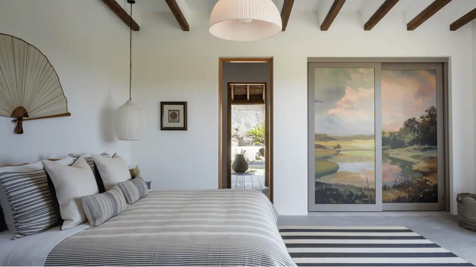 A serene bedroom with a neatly made bed, a ceiling fan above, and an artistic painting hanging nearby
