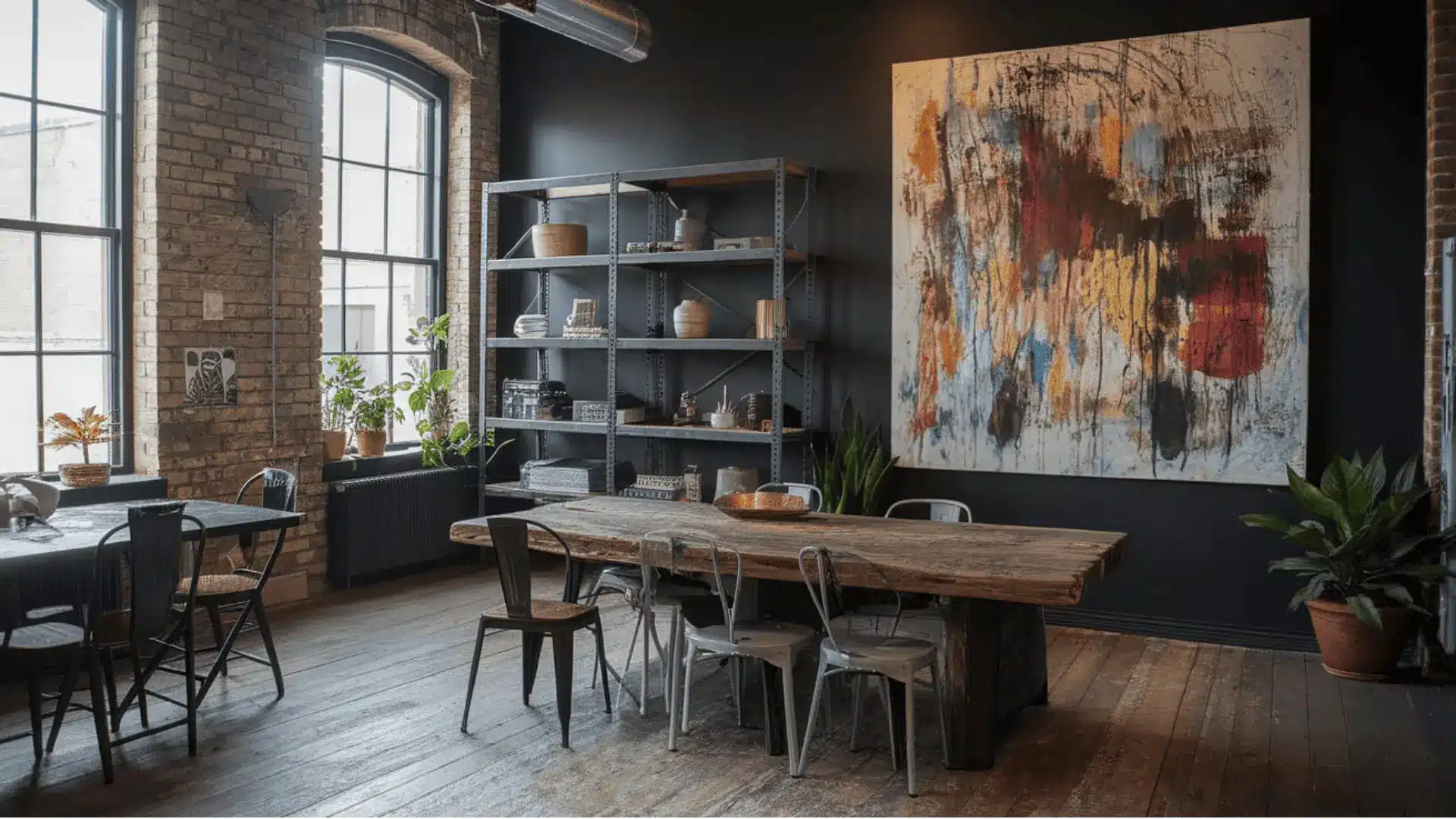 A spacious dining room adorned with a large painting on the wall, adding character to the elegant setting