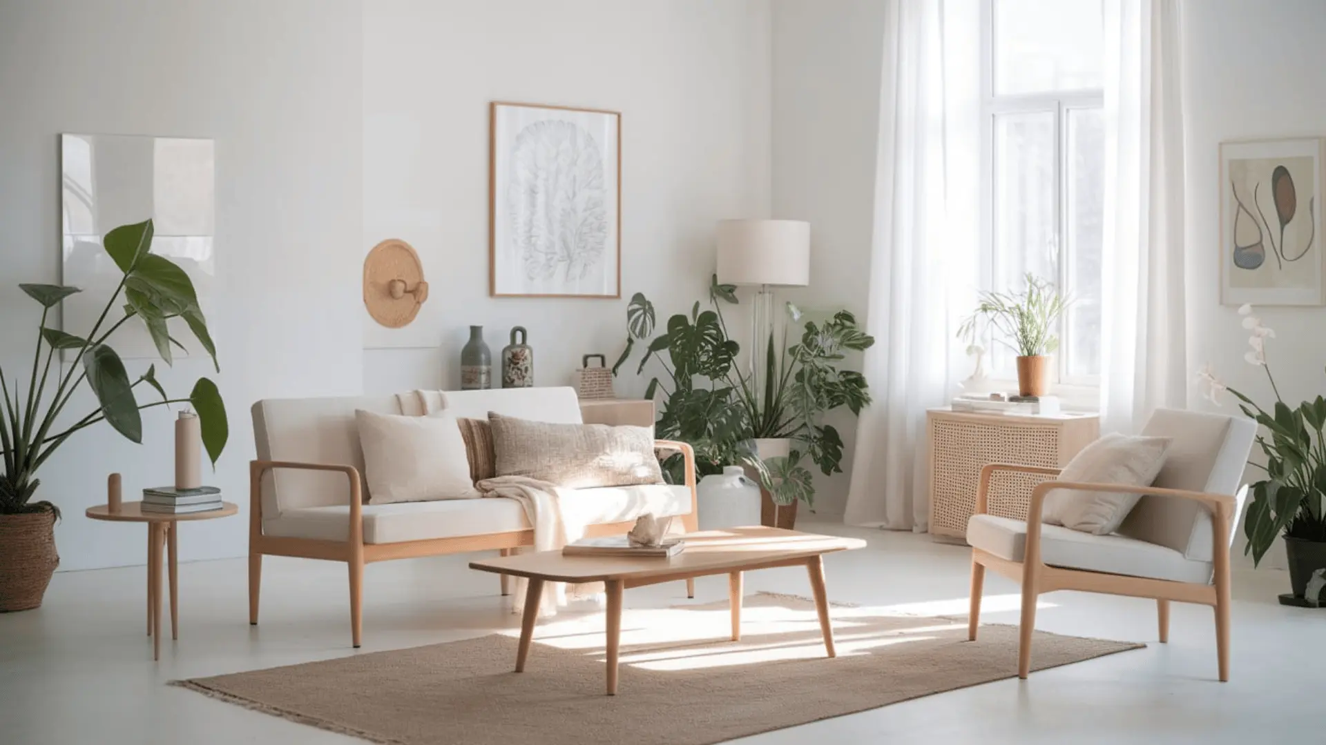 A spacious living room with white walls and white furniture, offering a minimalist and airy atmosphere