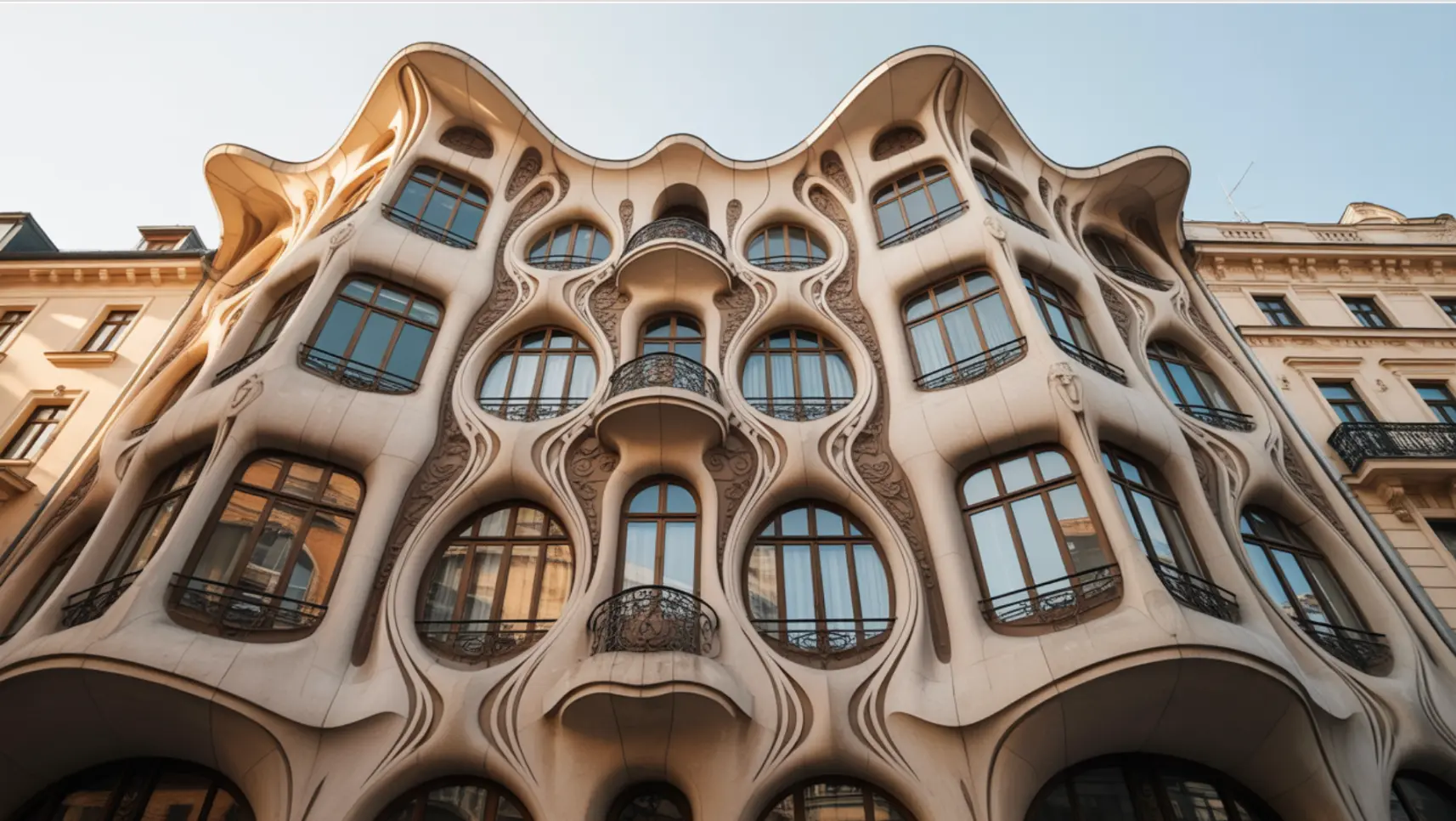 An architectural structure characterized by its unique design of curved windows, creating a fluid and dynamic appearance