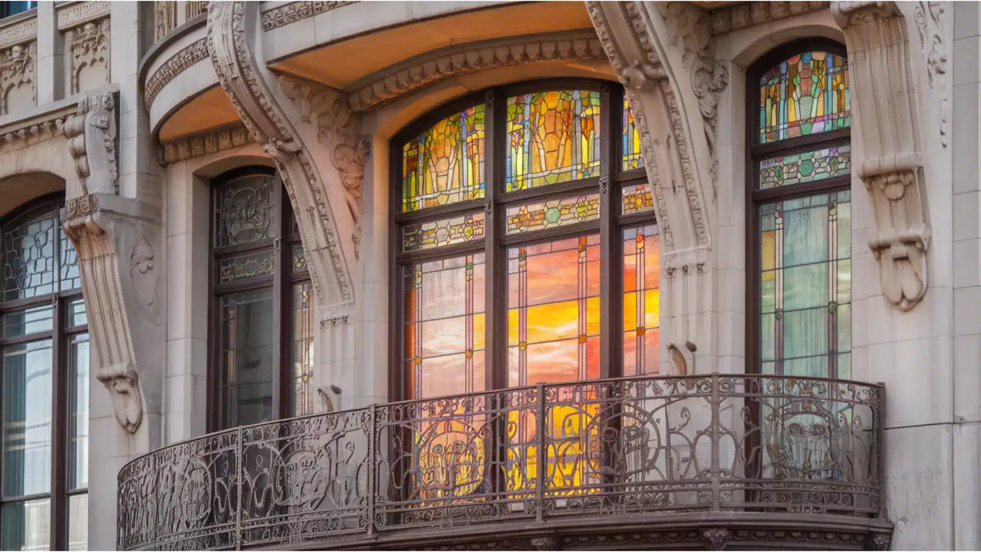 An ornate building showcasing a vibrant stained glass window and a decorative balcony