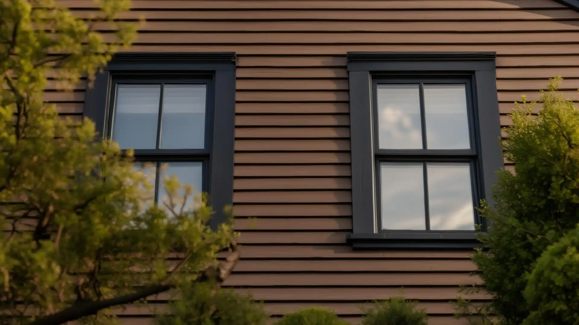 Bold dark charcoal exterior window trim contrasting against brown lap siding on a two-story home exterior