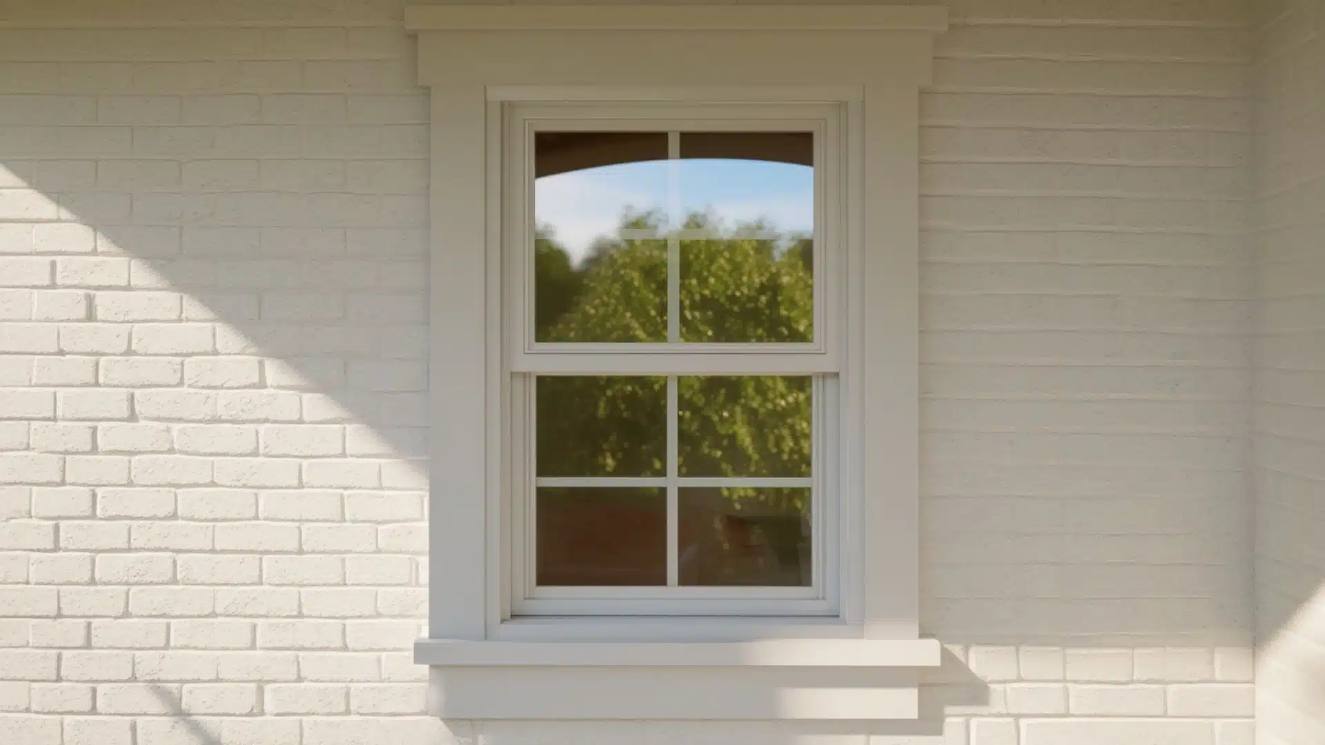 Colonial-style exterior window trim with header and sill on a white painted brick wall with grid window