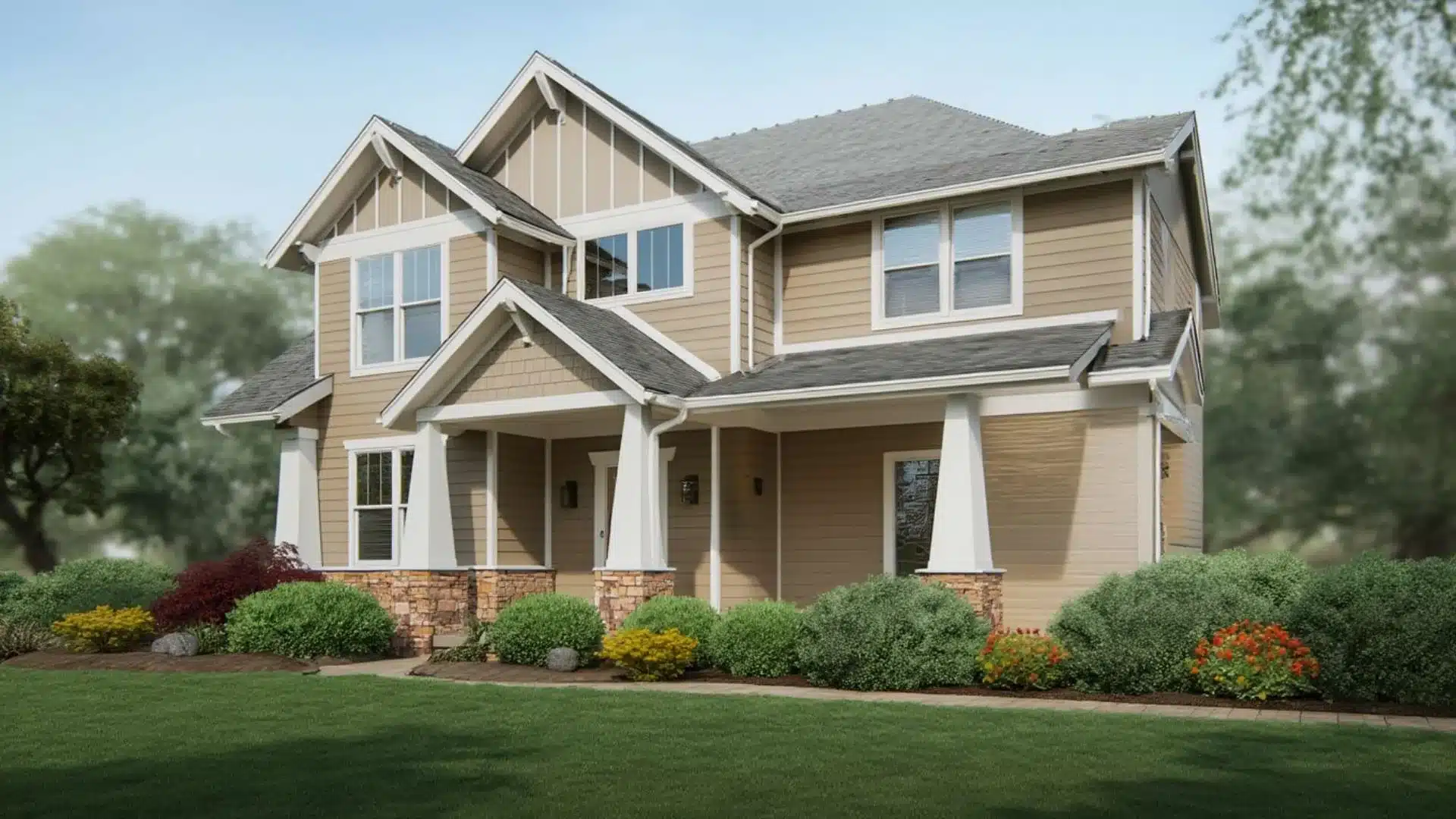 Craftsman-style home with white exterior window trim, tapered columns, and tan lap siding with stone accents