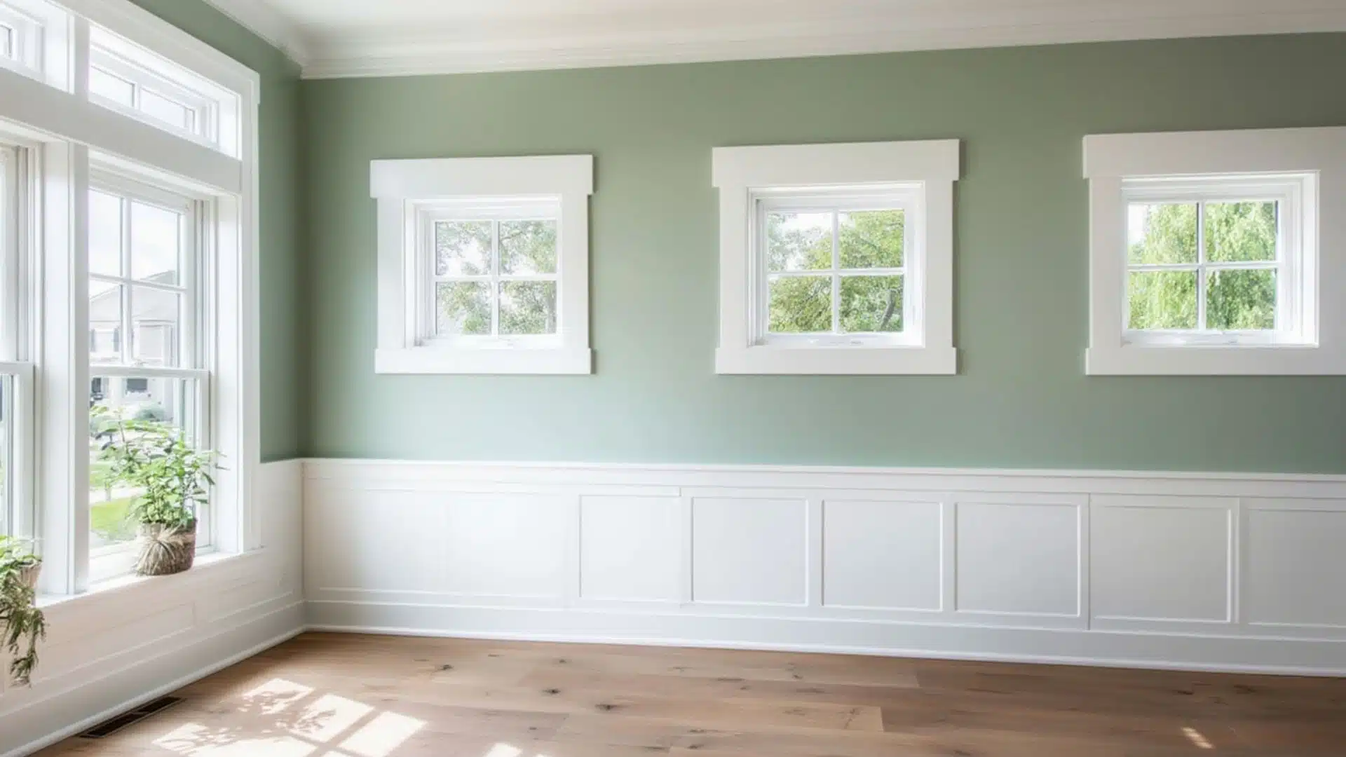 Flat Stock Trim on small square windows in a sage green room with white wainscoting and hardwood floors