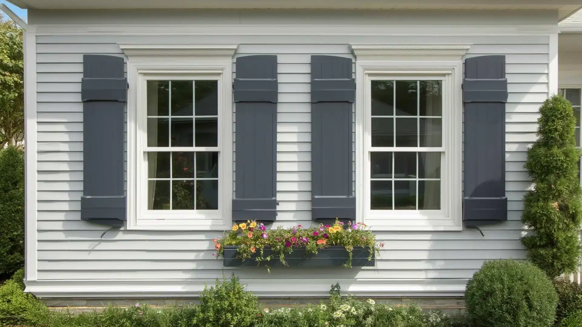 Gray false shutters paired with white exterior window trim on a white lap siding home with a flower box below