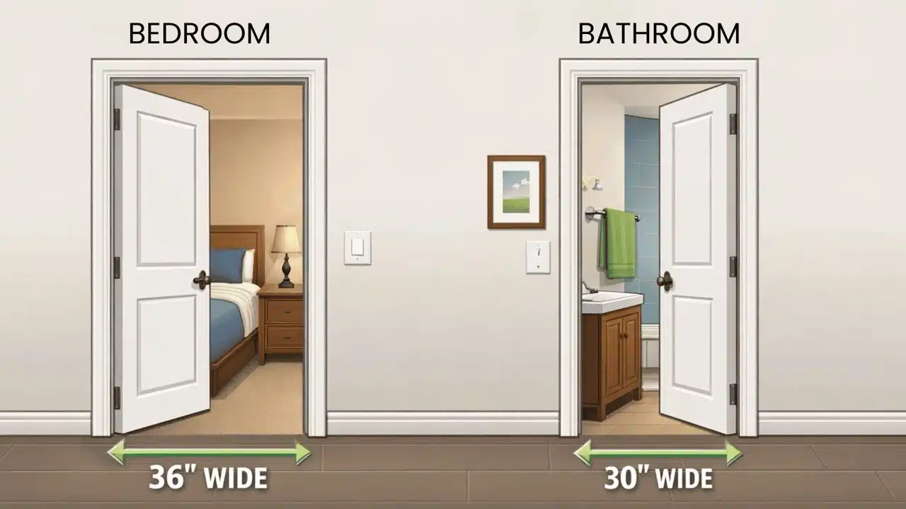 Illustration comparing bedroom 36 inch wide door and bathroom 30 inch wide door with labeled measurements