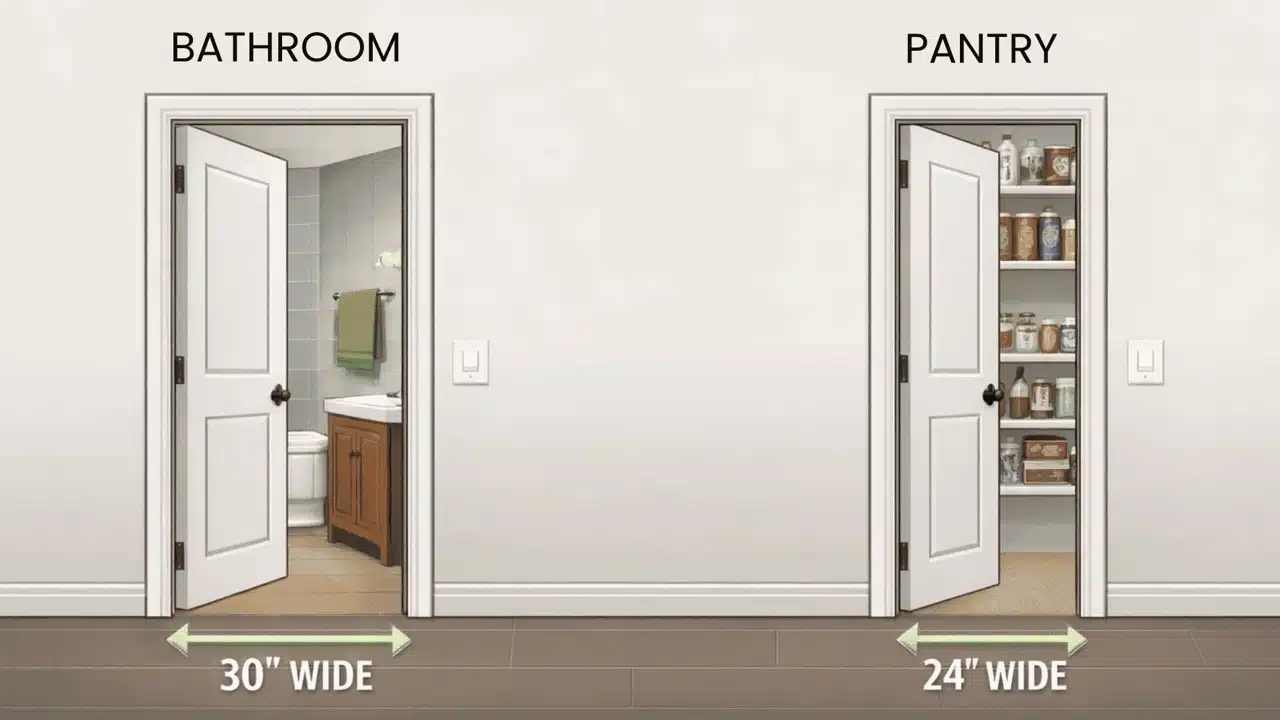 Illustration comparing pantry 24 inch wide door and bathroom 30 inch wide door with labeled measurements