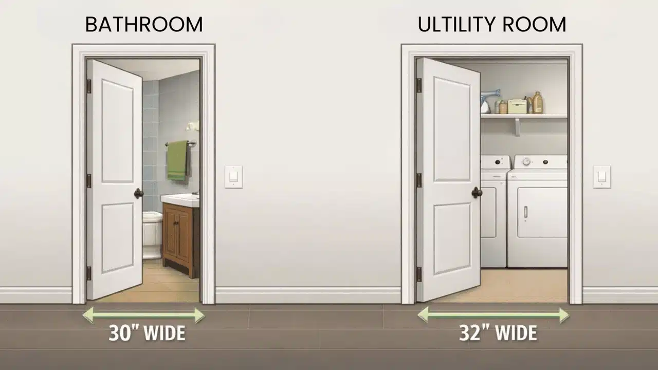 Illustration comparing utility room 32 inch wide door and bathroom 30 inch wide door with labeled measurements