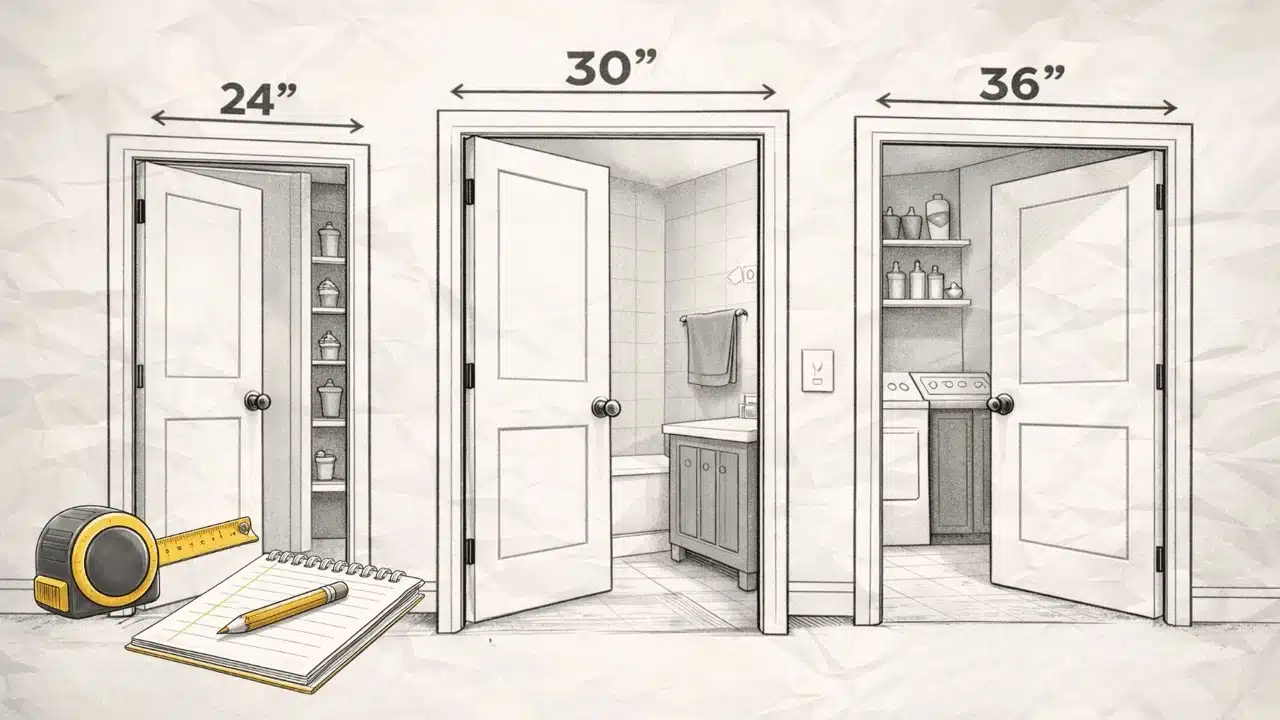 Illustration of bathroom door of 24 inch 30 inch and 36 inch width interior door widths with tape measure and notebook in foreground