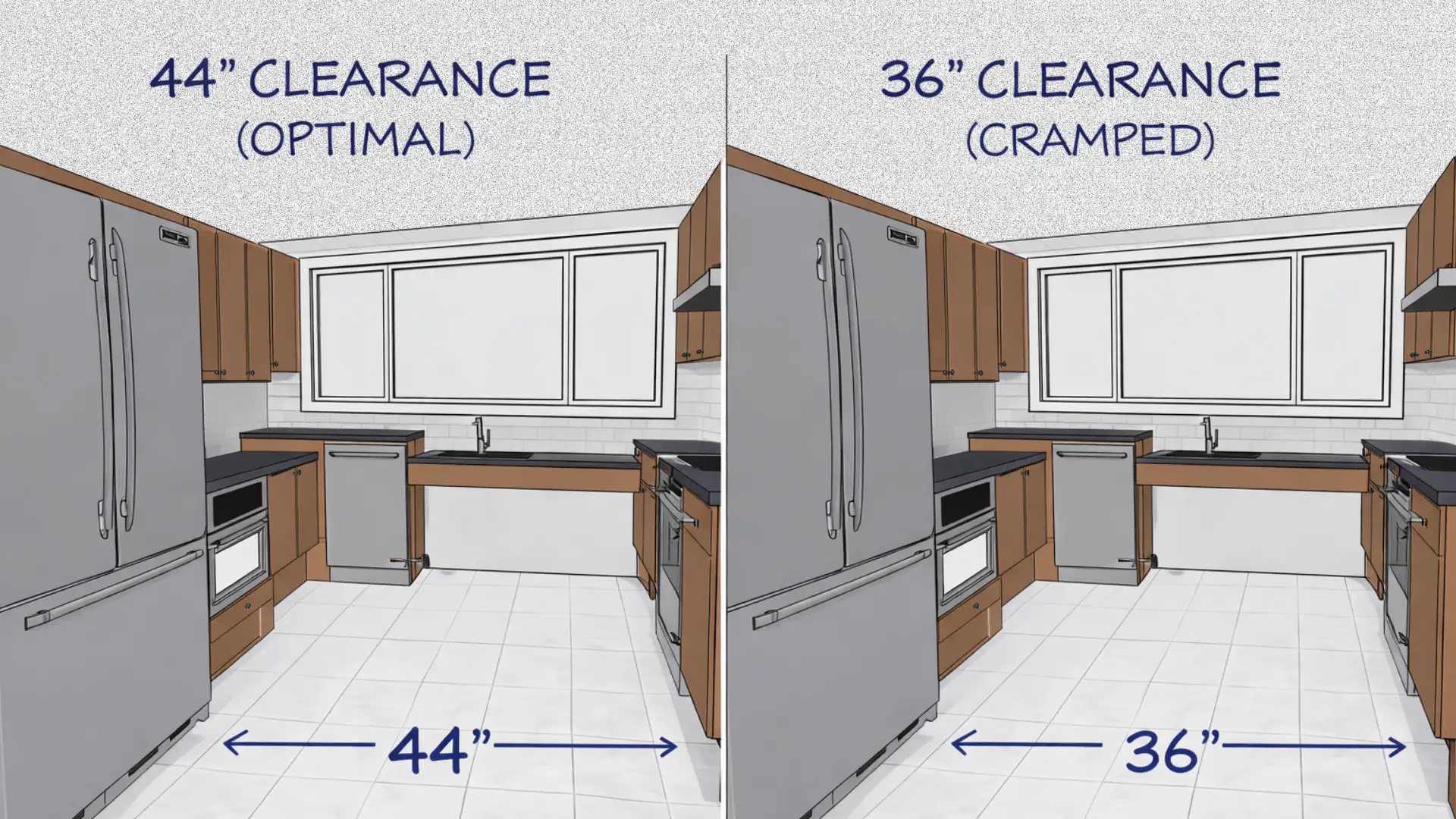 Illustration of kitchen walkway width comparison showing 44 inch as optimal and 36 inch as cramped