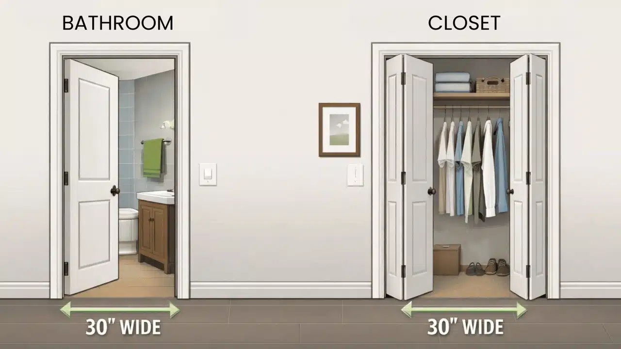 Illustration showing closet 30 inch wide door and bathroom 30 inch wide door with labeled measurements