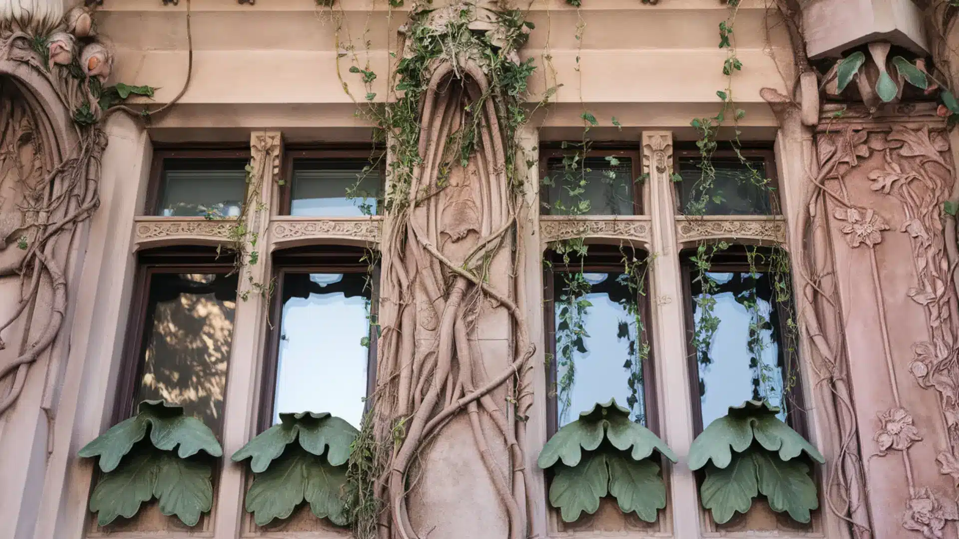 Ivy-covered windows of a building, illustrating a harmonious integration of nature with urban architecture