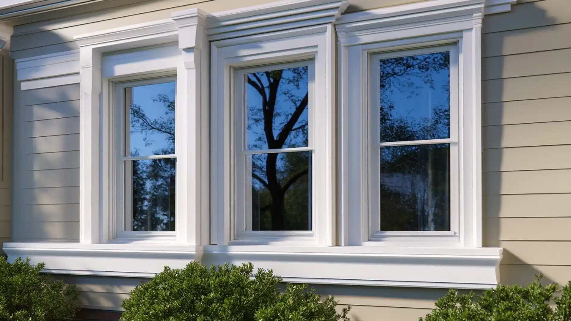 Layered white exterior window trim with crown molding and deep sill on three double-hung windows against tan lap siding