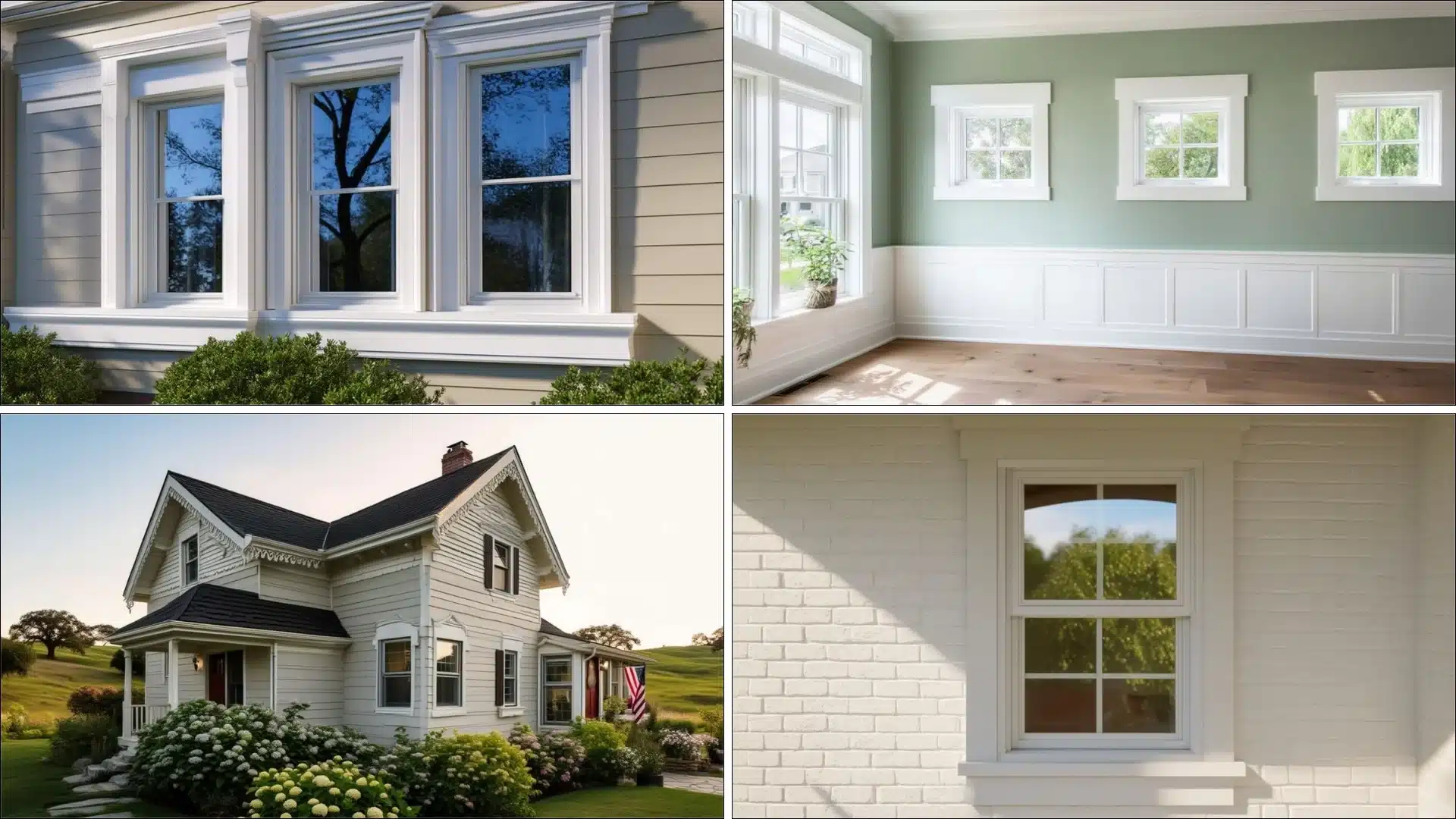 Modern and farmhouse exterior window trim styles with clean white frames and decorative window trim ideas for homes