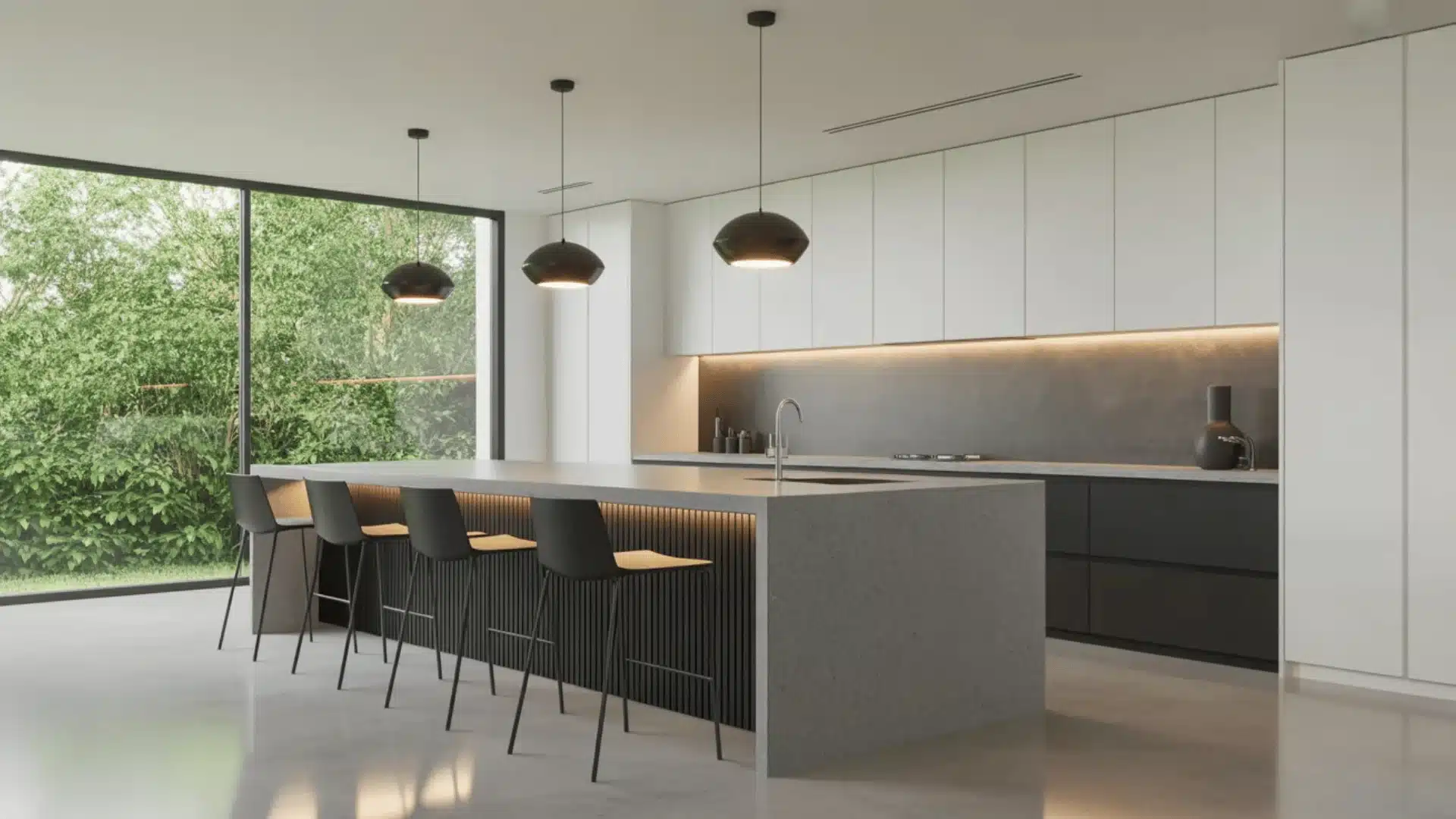 Modern kitchen island with bar stools pendant lights white cabinets and large window overlooking backyard