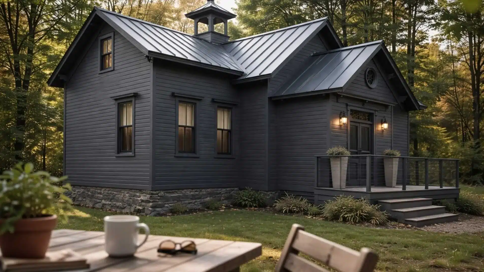 Monochrome tone-on-tone exterior window trim matching dark charcoal siding on a cottage with metal roof in wooded setting