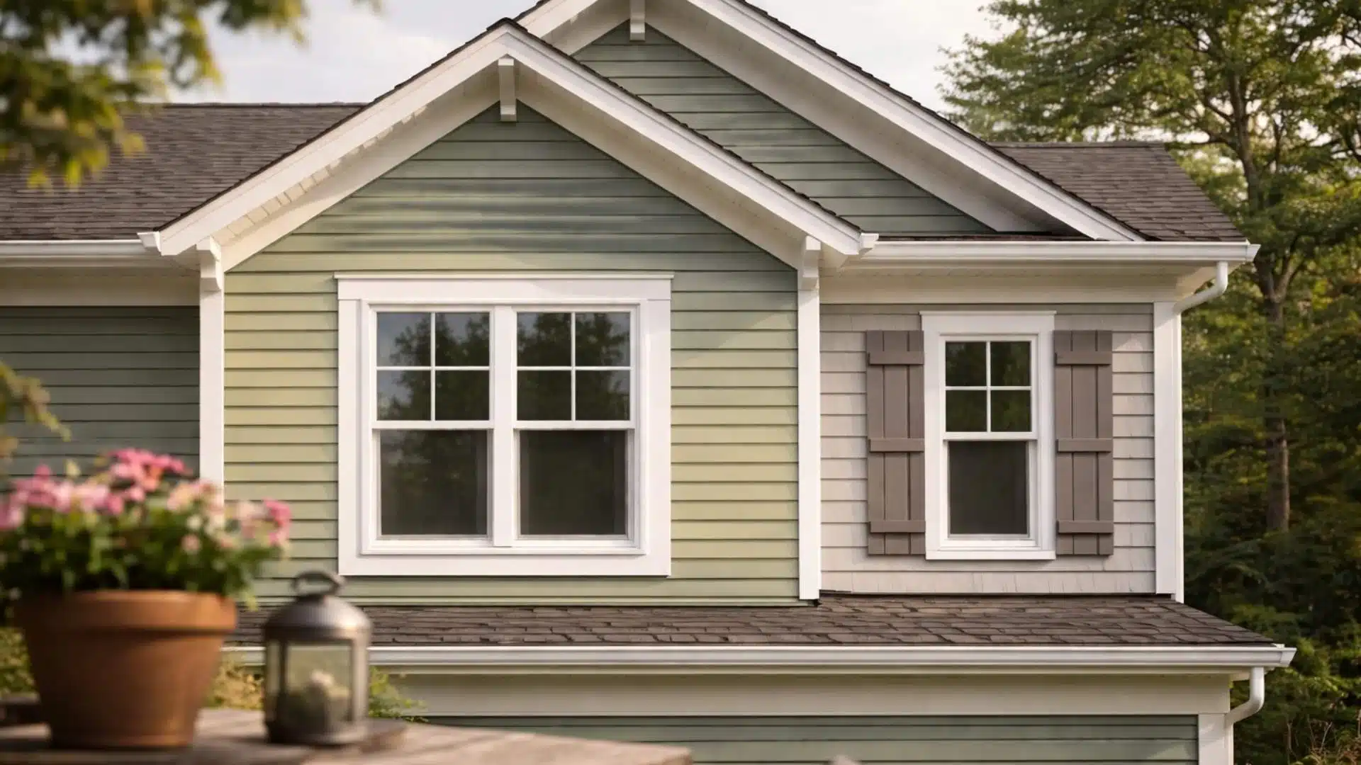 PVC white exterior window trim with shutters on a sage green lap siding home with gable brackets