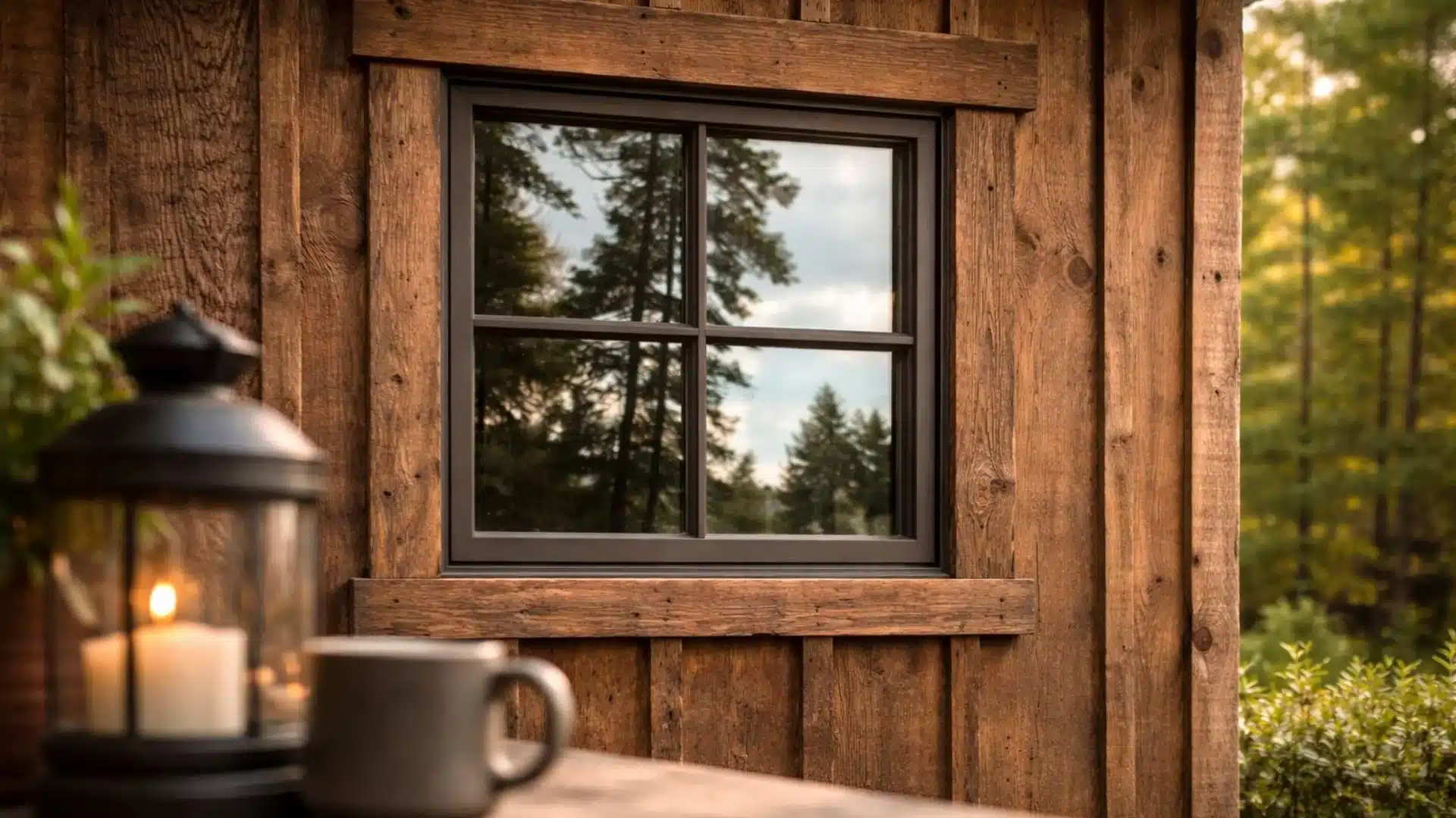 Rustic natural wood exterior window trim with rough-sawn boards on a cabin wall with visible grain and knots