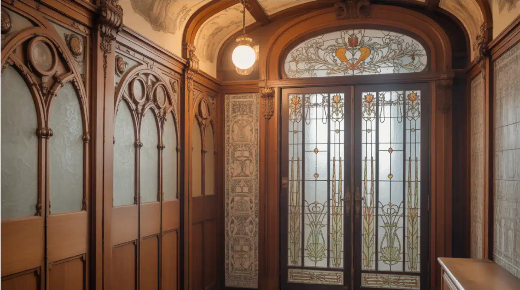 The entrance showcases intricate stained glass, creating a striking visual effect that enhances the home's exterior